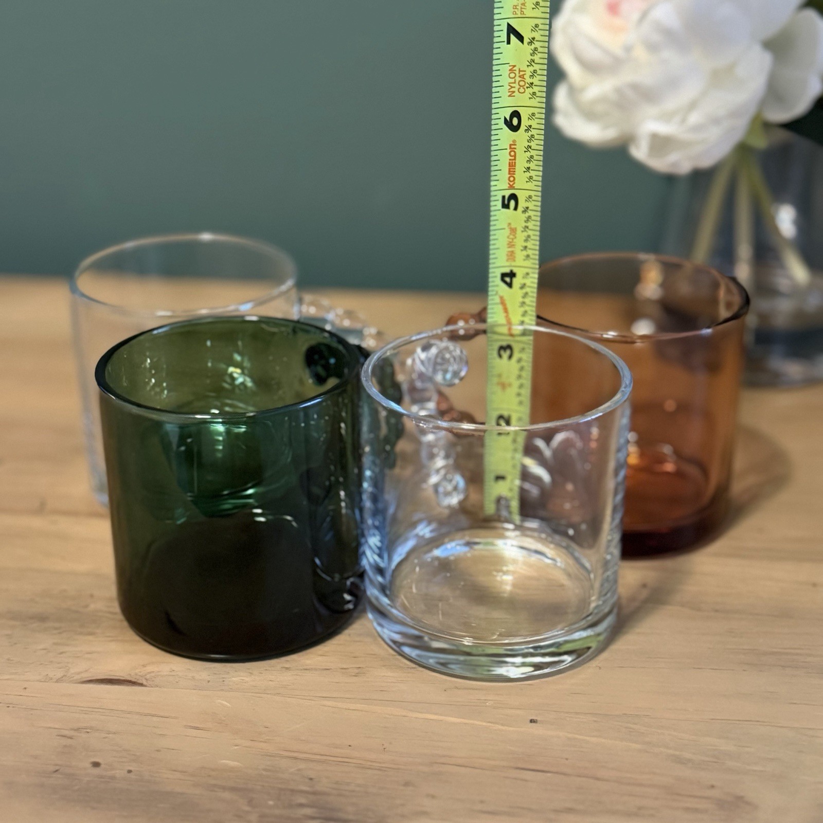 Set of 4 Glass Mugs Bubble Handle Clear Green Amber Modern Coffee Cups