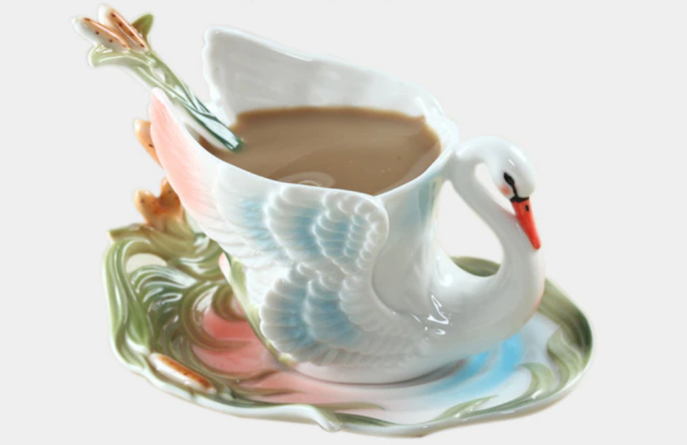 160ml Elegant 3D Swan Handpainted Porcelain Cup Saucer Spoon Set Tea Milk Coffee