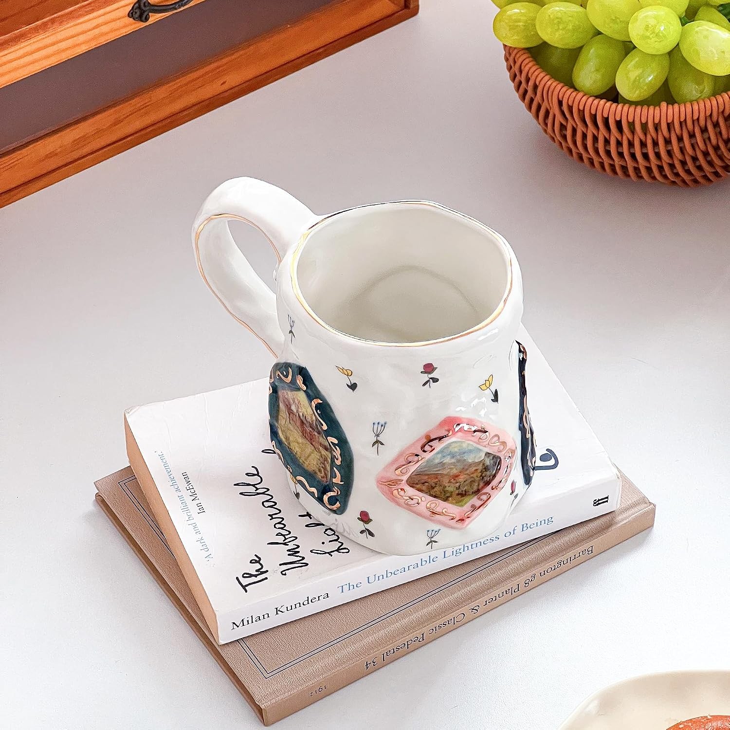 Large Ceramic Coffee Mug, Pretty Flower Cup with Big Handle, Funny Cute Tea