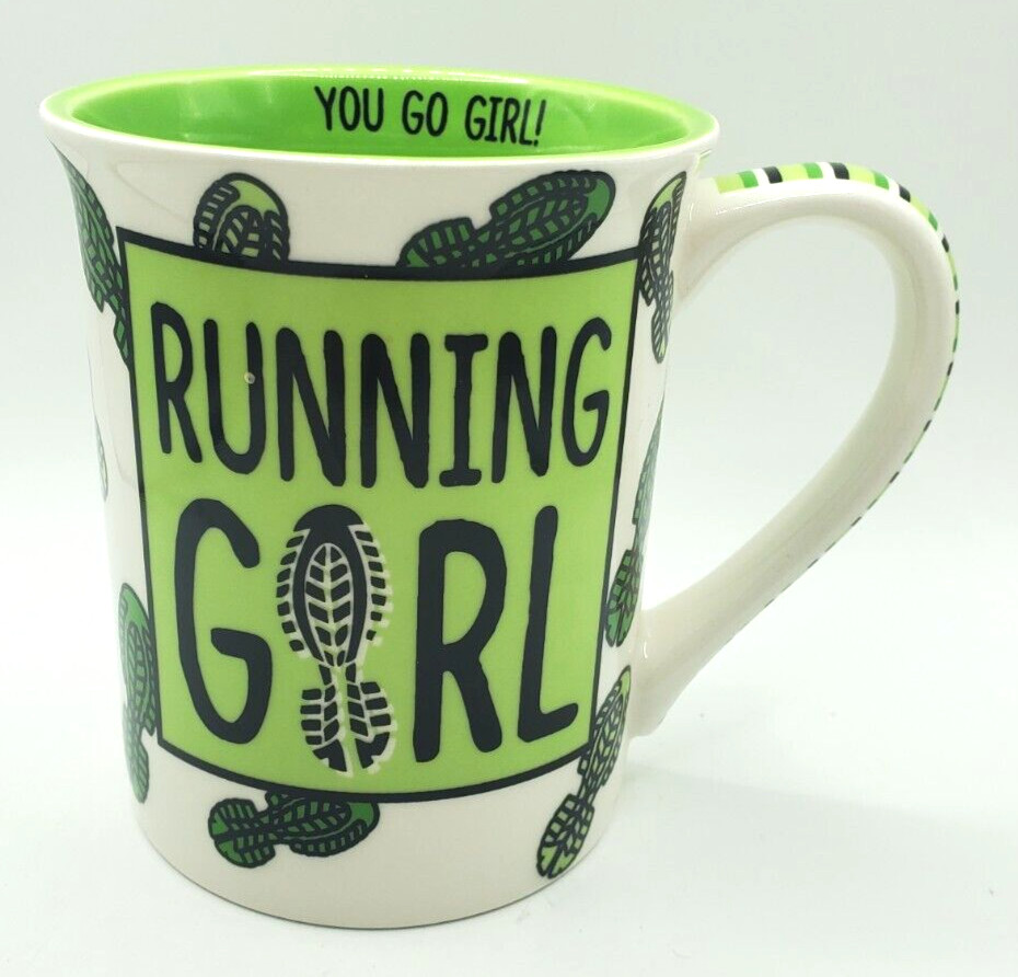 RUNNING GIRL MUG YOU GO GIRL COFFEE MUG White Green Art Deco Mug