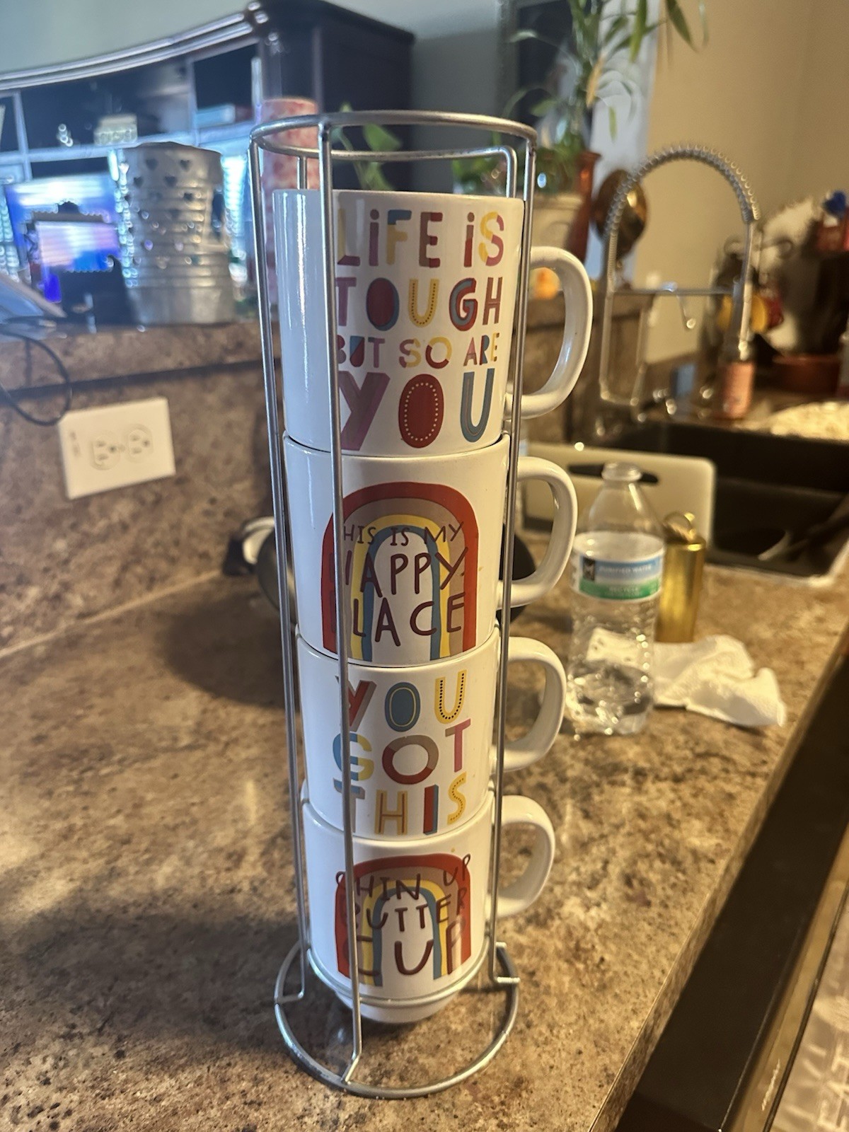 4 BOSTON WAREHOUSE Stackable 14oz MUG Cup SET w Wire Rack CAN YOU NOT TODAY 14¾”