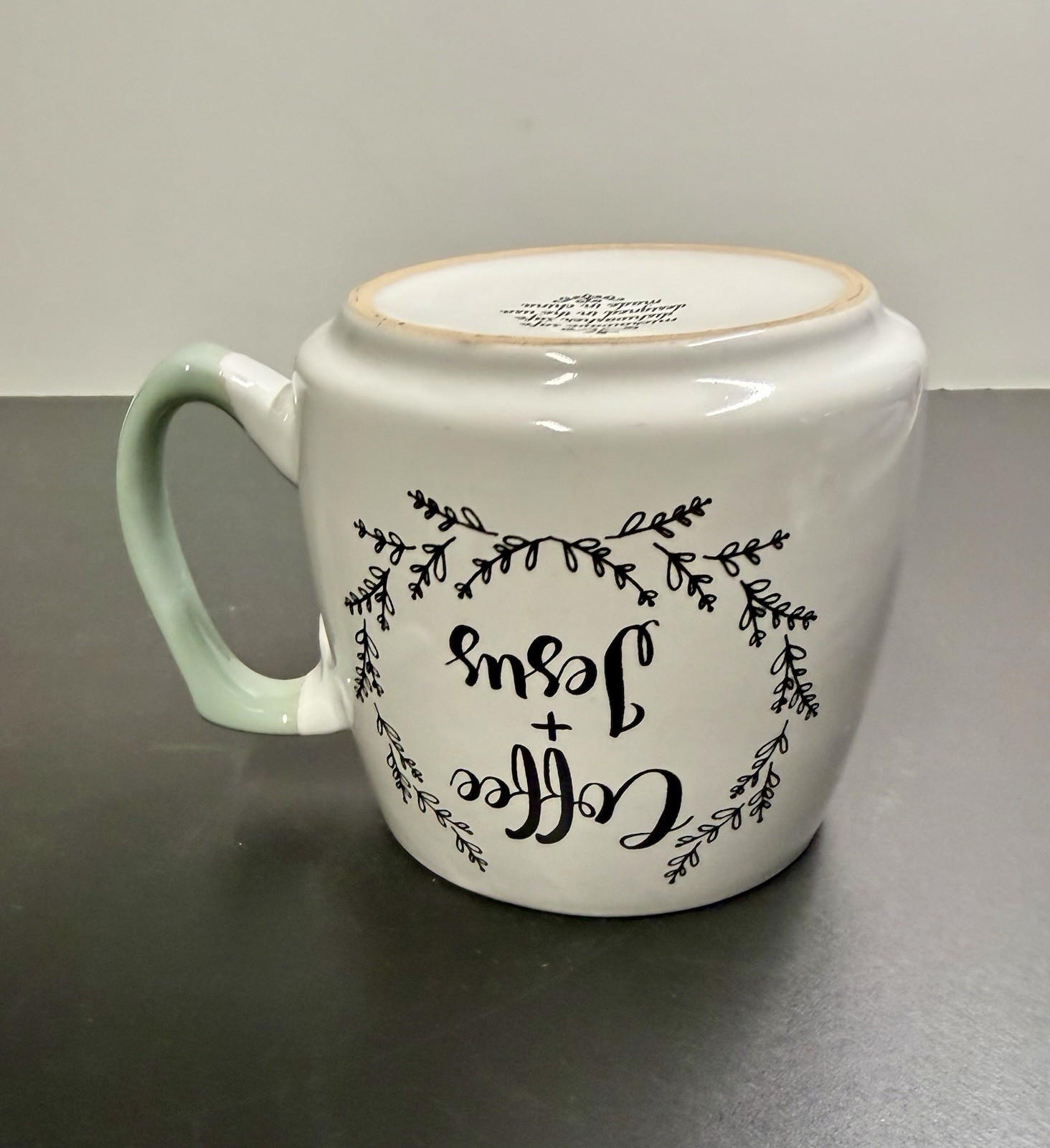 Coffee & Jesus Large Seafoam Green & White Ceramic Mug 16.0 oz 4.0” Cross Inside