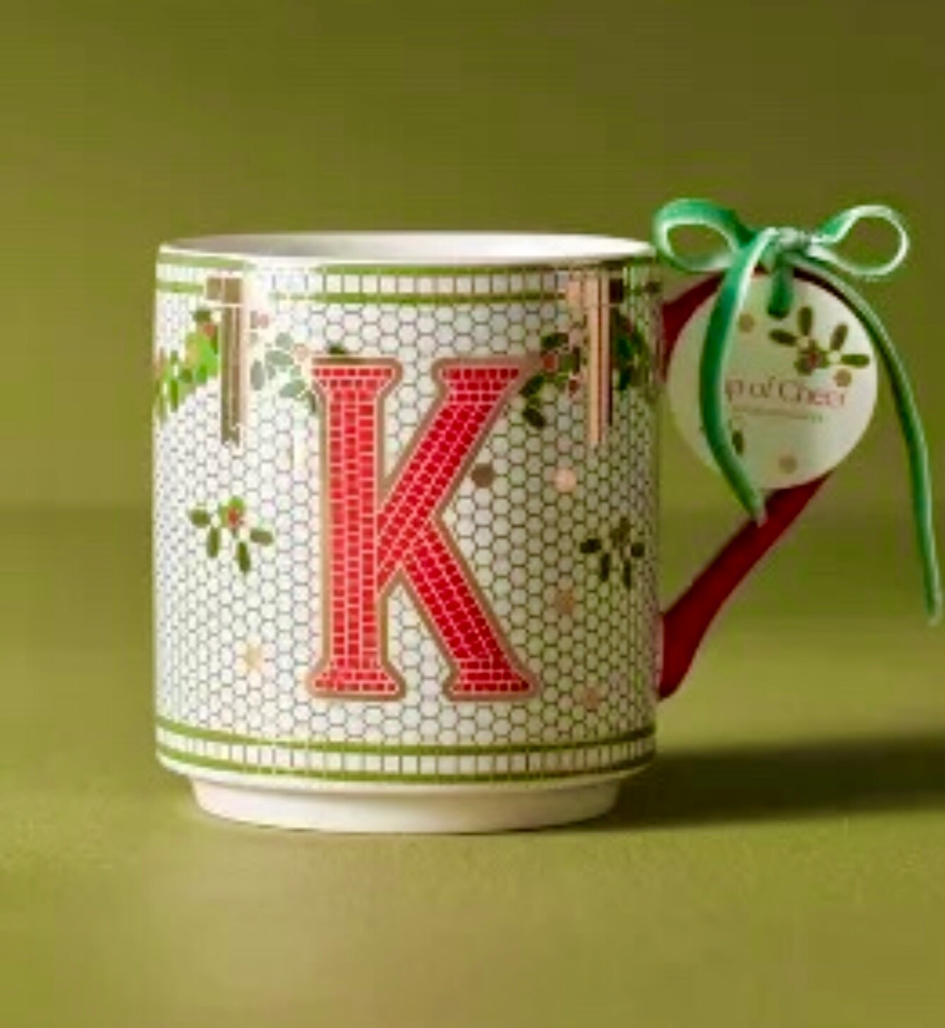 NEW ANTHROPOLOGIE FESTIVE BISTRO TILE MONOGRAM INITIAL CHRISTMAS HOLIDAY MUG K