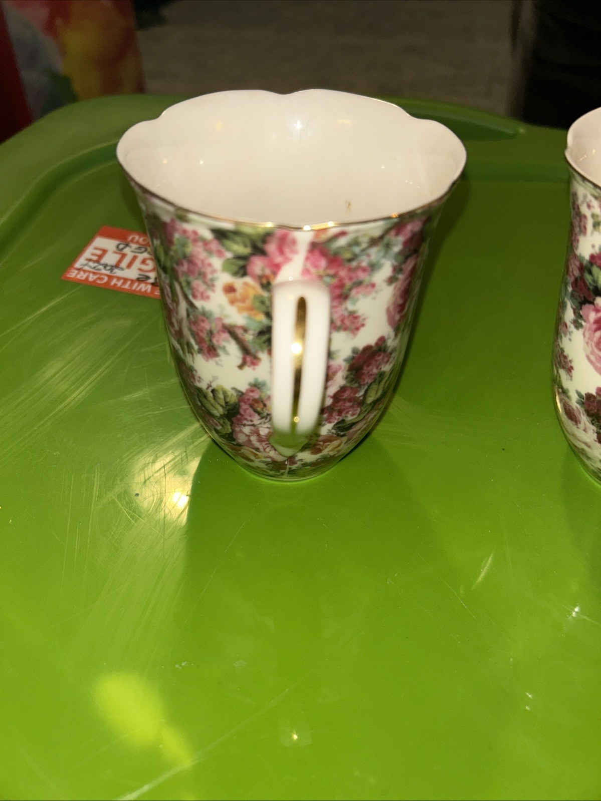 Rose Chintz Set of 2 Fine Peppertree China Peonies 10oz Tea Cups/Coffee Mugs