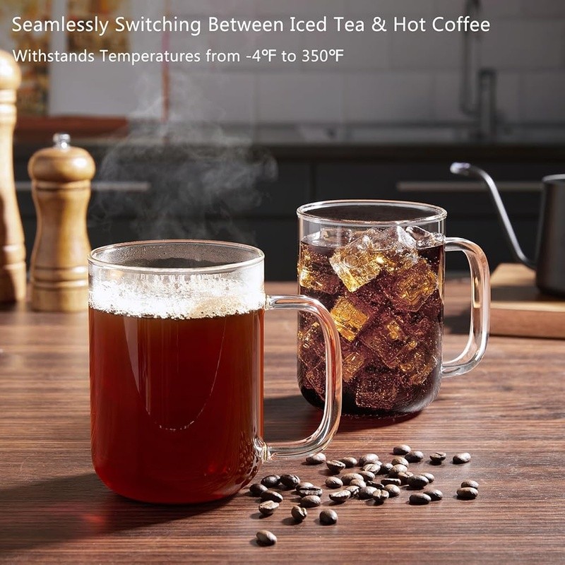 Clear Borosilicate Glass Coffee Mugs Set of 2 Dishwasher Safe Hot Cold Beverages