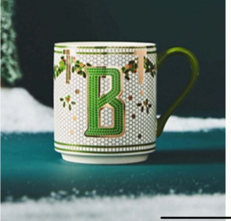 NEW ANTHROPOLOGIE FESTIVE BISTRO TILE MONOGRAM INITIAL CHRISTMAS HOLIDAY MUG B