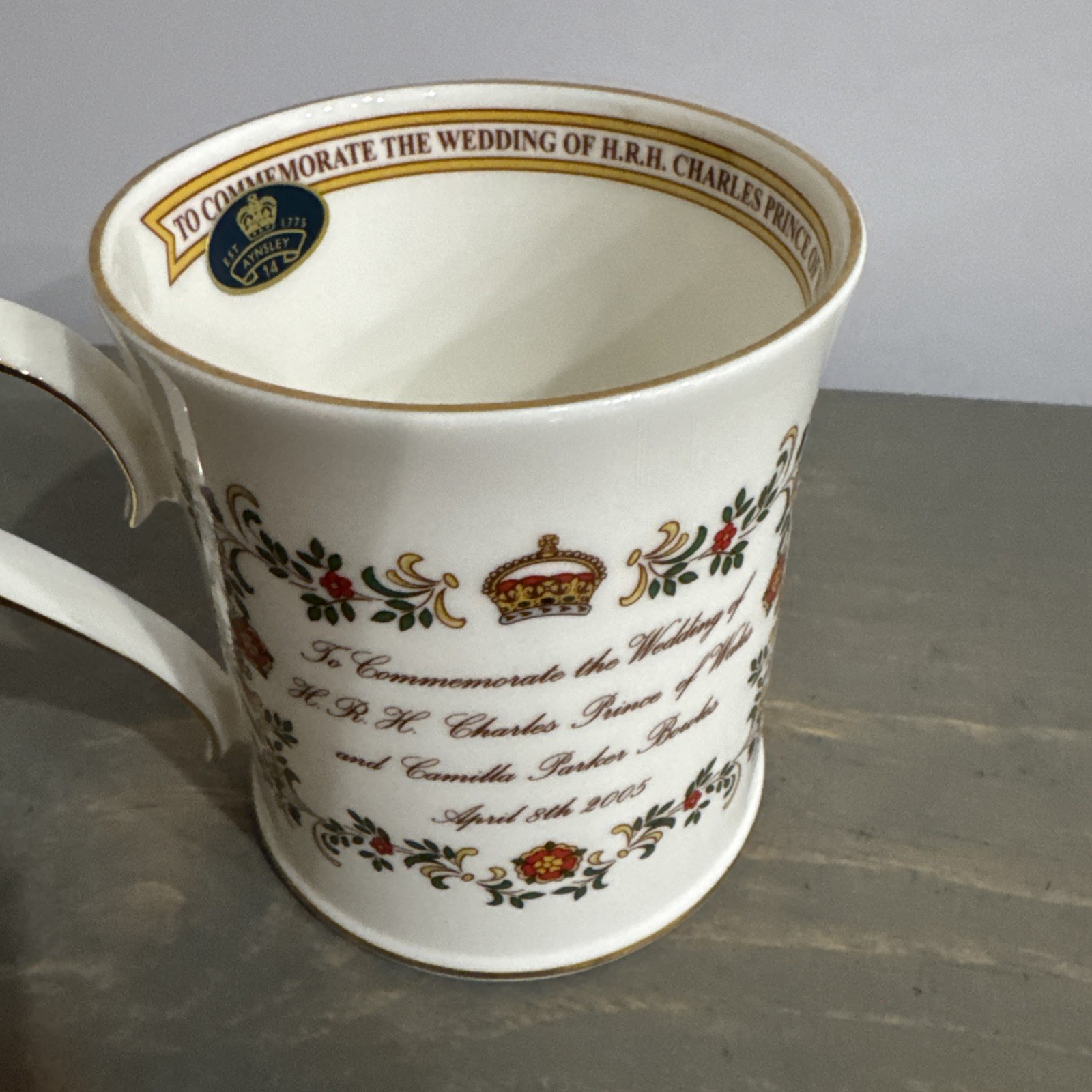 Aynsley Royalty “MARRIAGE PRINCE TO CAMILLA” Bone China ~ Mug ~ 3 5/8″ Tall