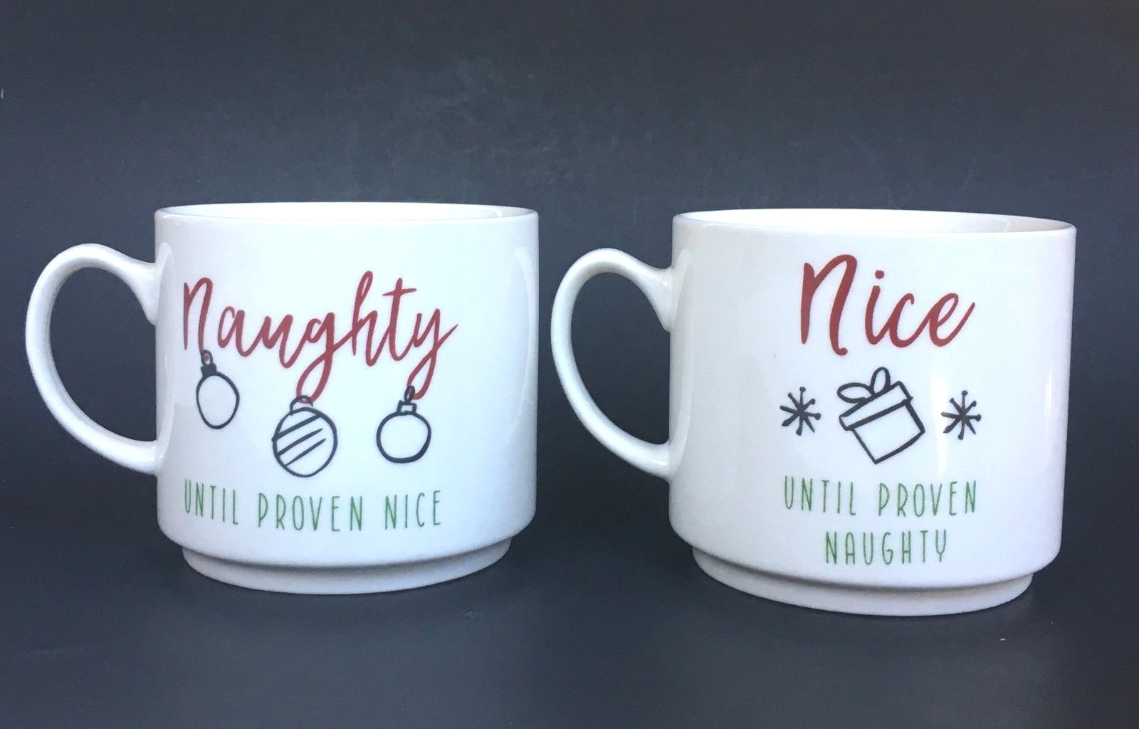 Christmas Mug SET of 2 Naughty Nice Pfaltzgraff Holiday 16oz Coffee Cup NIB New