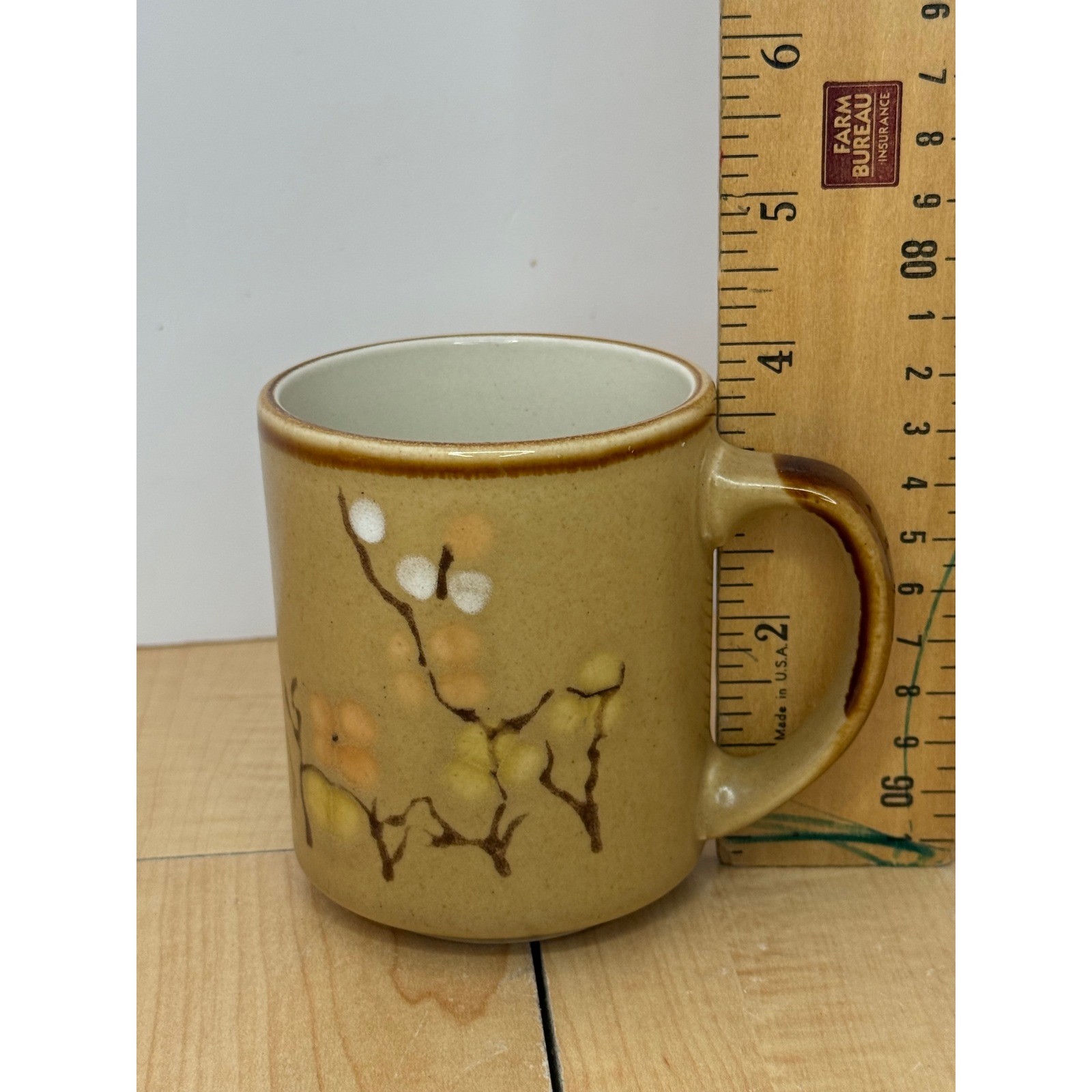 Sunnycraft Stoneware Coffee Mug Hand Decorated Floral Tan Brown Korea 21136