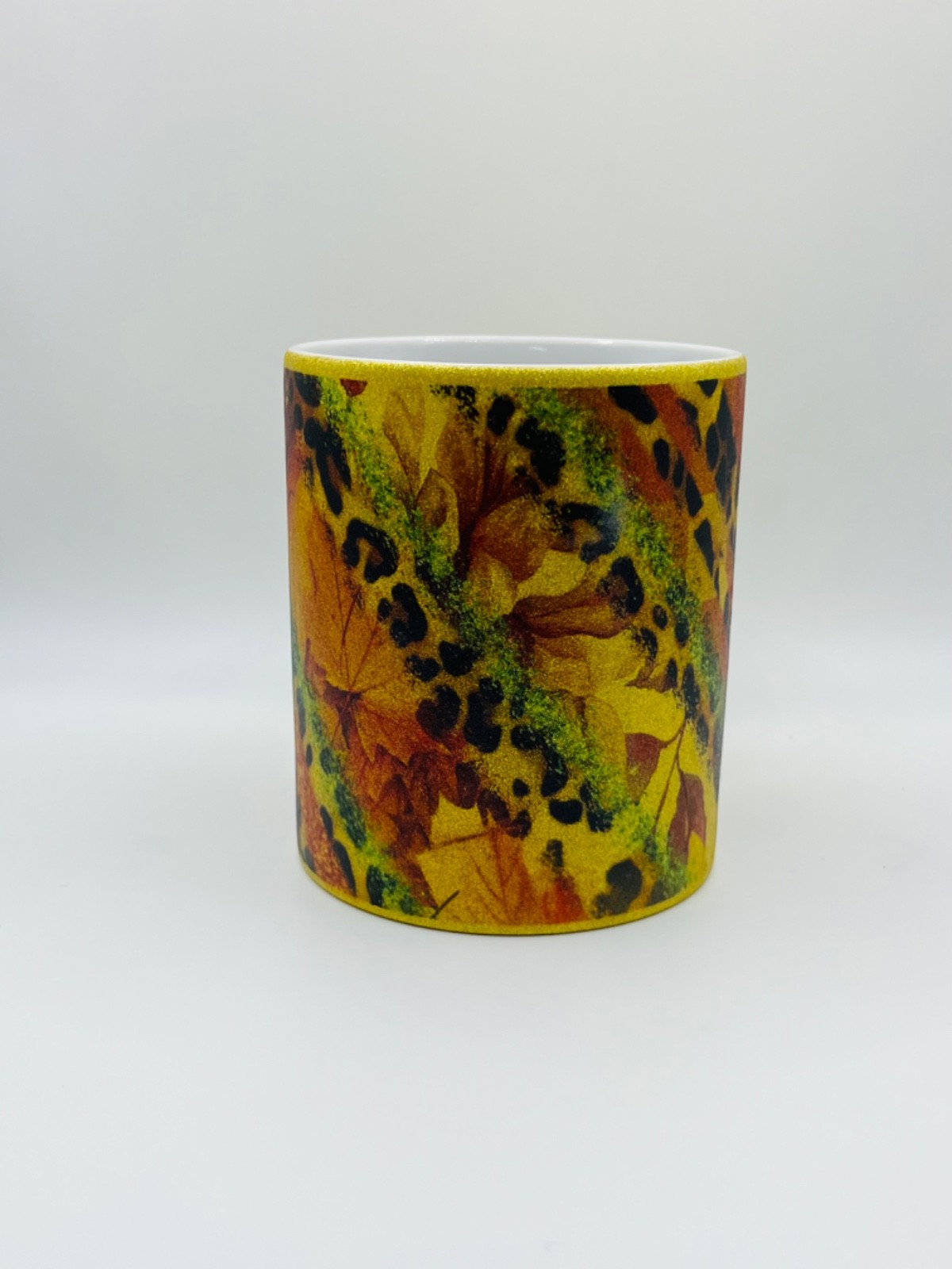 HOGG Gold Glitter Mug ~ Fall Leaves & Leopard Print Sublimation Design 11 oz
