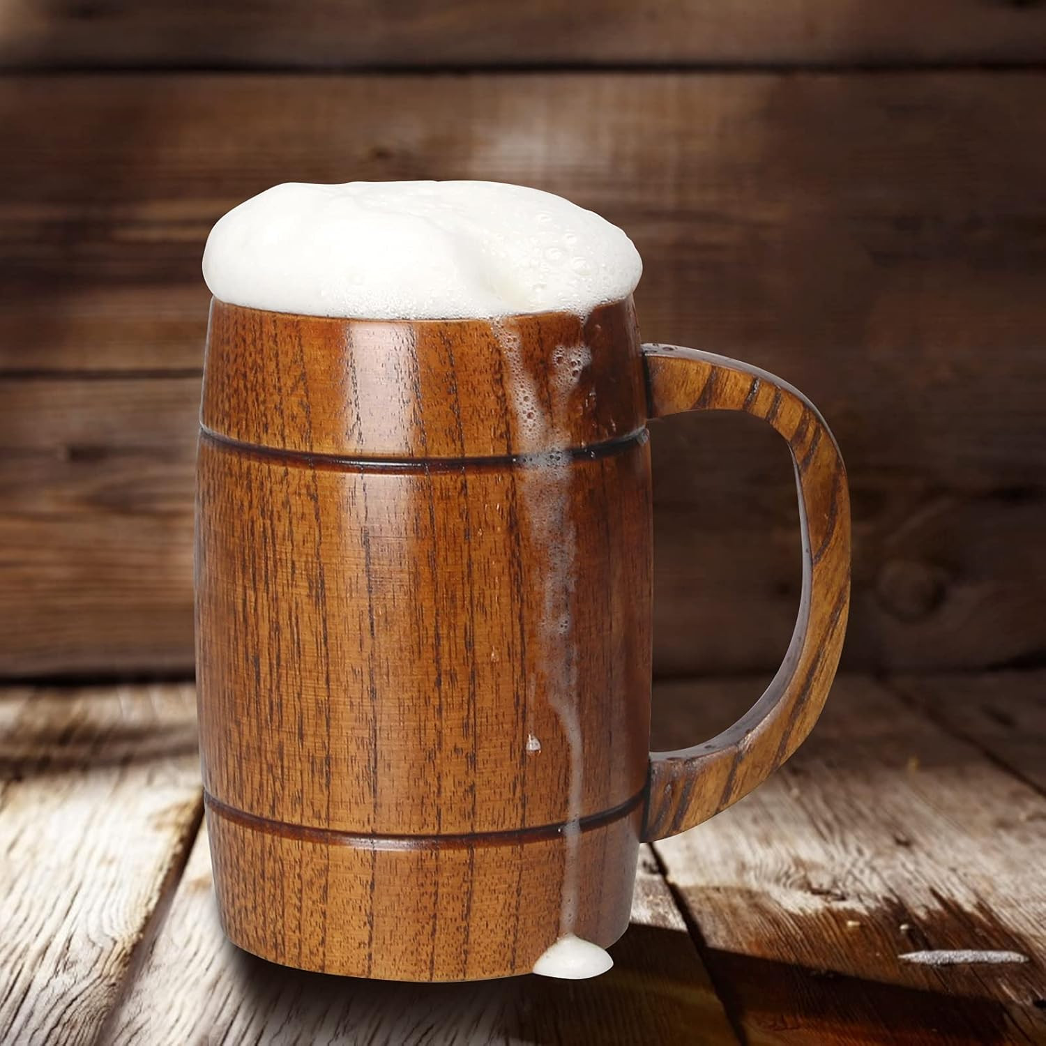 18 Oz Large Wooden Beer Mug Gift for Men Women Big Vintage Viking Cup Rustic Coo