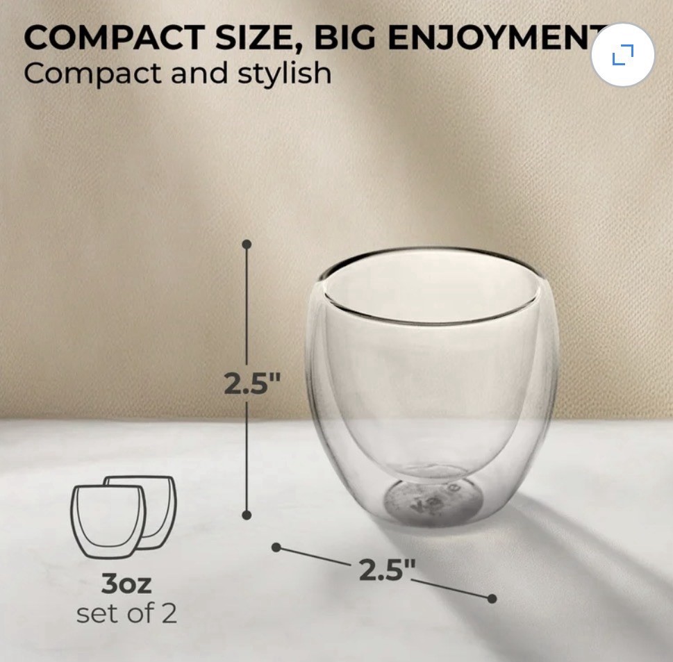 Espresso Cups by Kaffe. 3oz – Set of 2. Double-Wall Glass Clear 3 oz