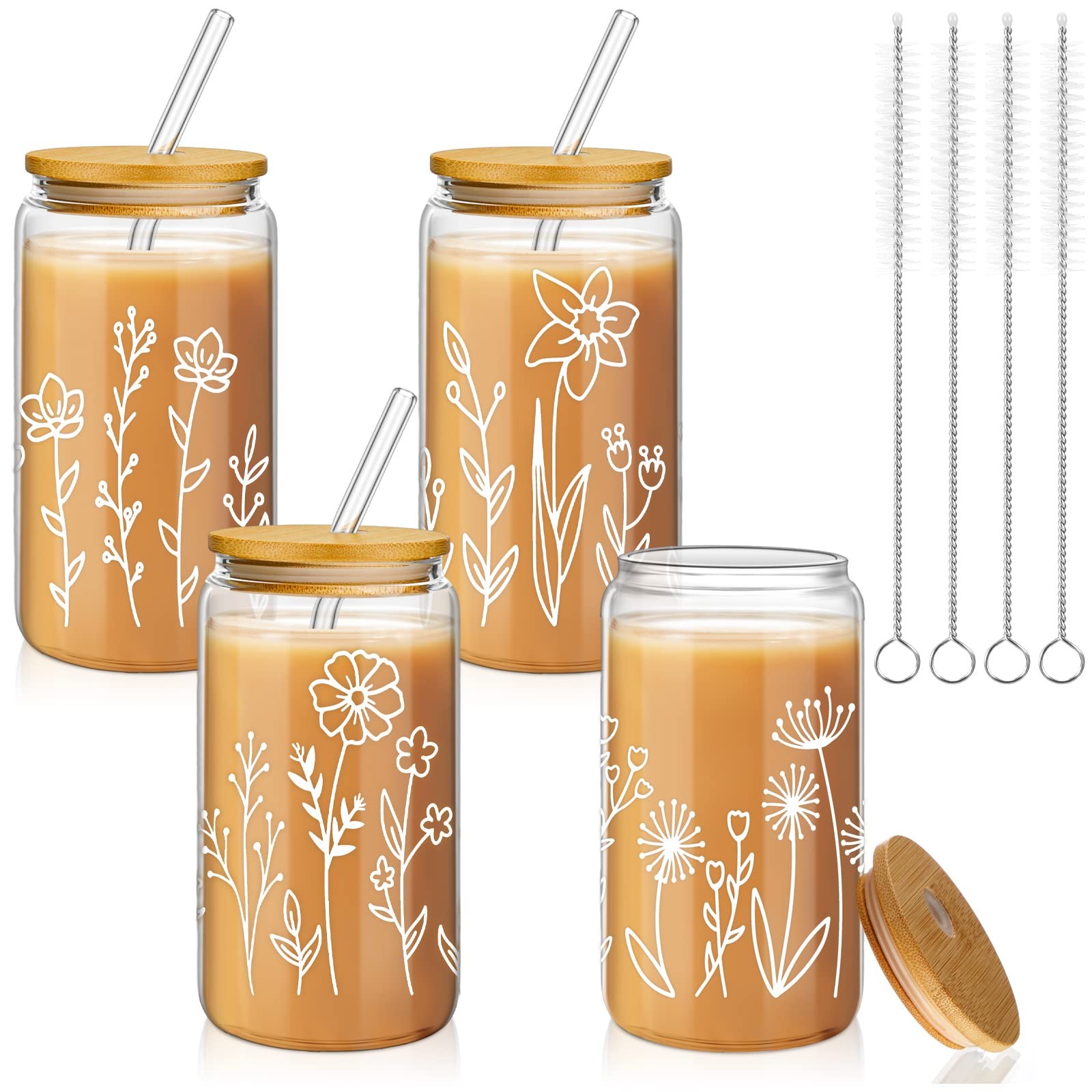 4 Pack Bridesmaid Gift Glass Cups, Cute Flower Mason Jars with Bamboo Lids & …