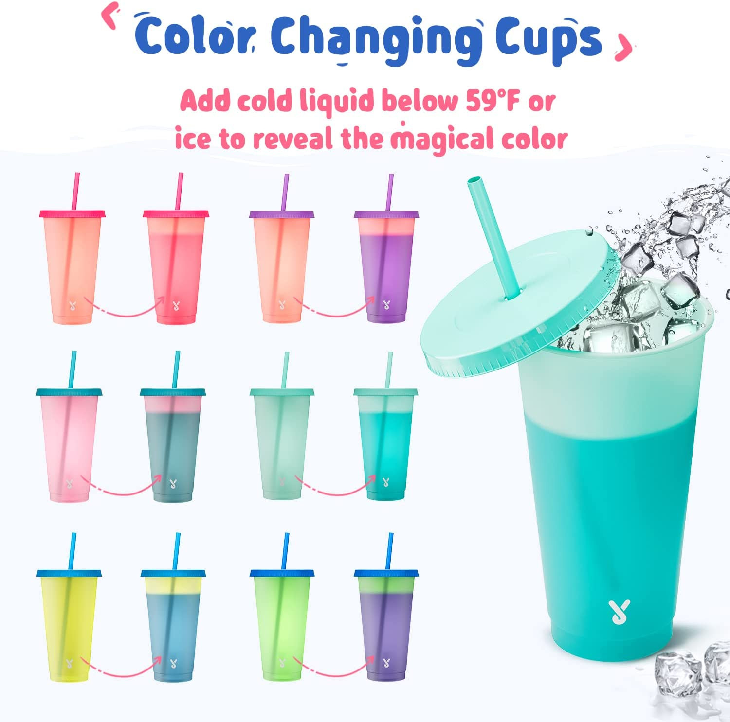 Plastic Cute Cold Cups with Lids and Straws Bulk for Iced Coffee – 6 Pack 24 oz