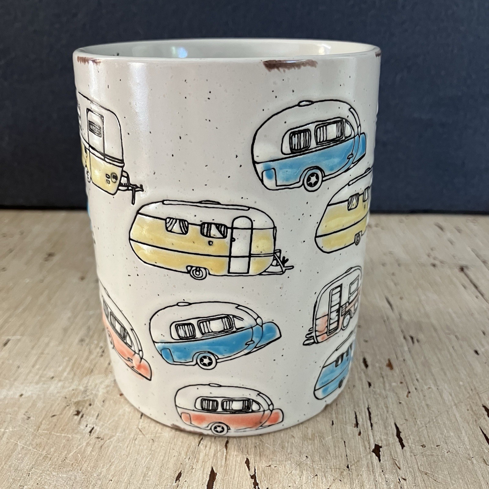 Spectrum Designz “Happy Trails” Retro Embossed Campers Stoneware Coffee Mug Cup