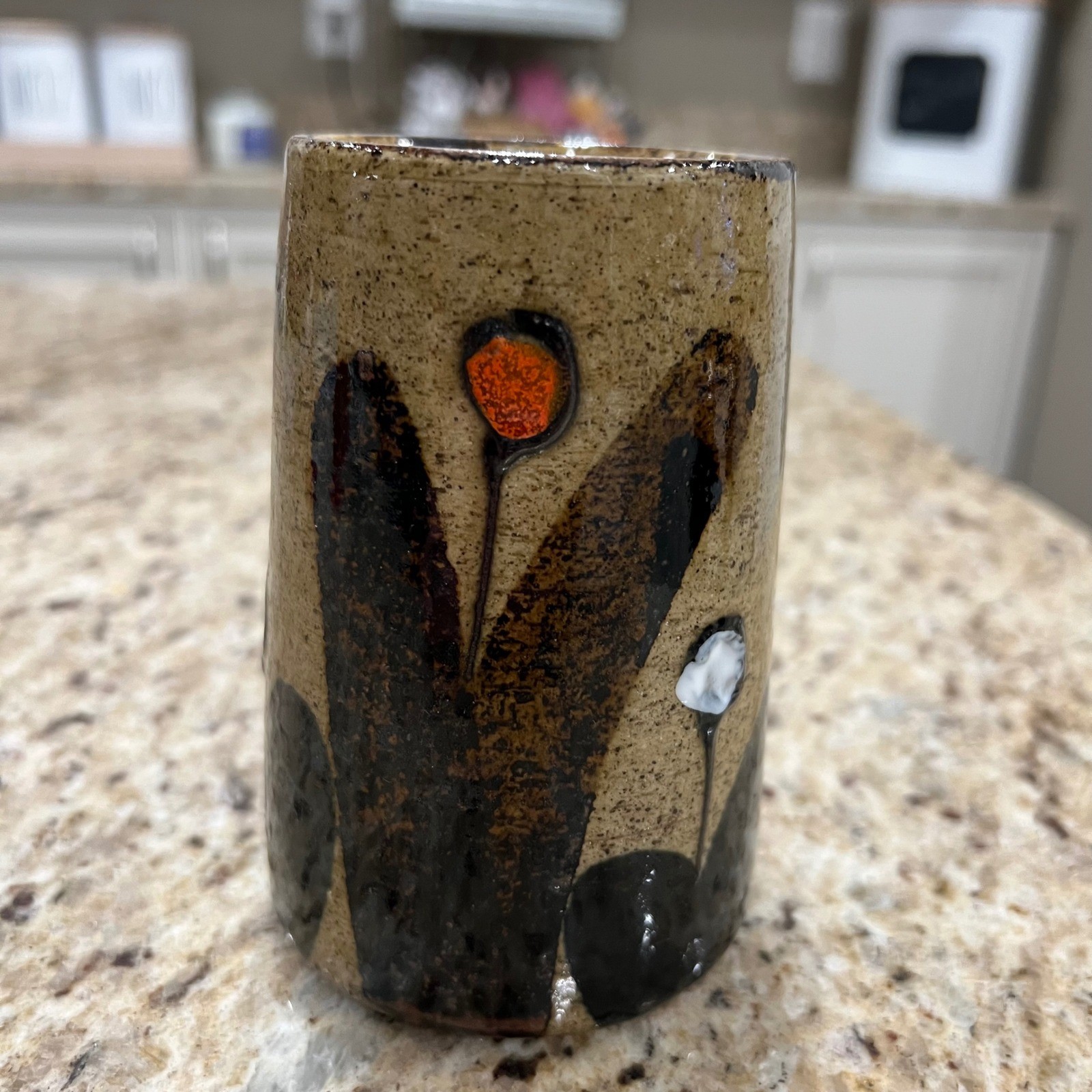 Studio Pottery Handcrafted Mug Earth Tone Abstract Floral Speckled Stoneware Cup