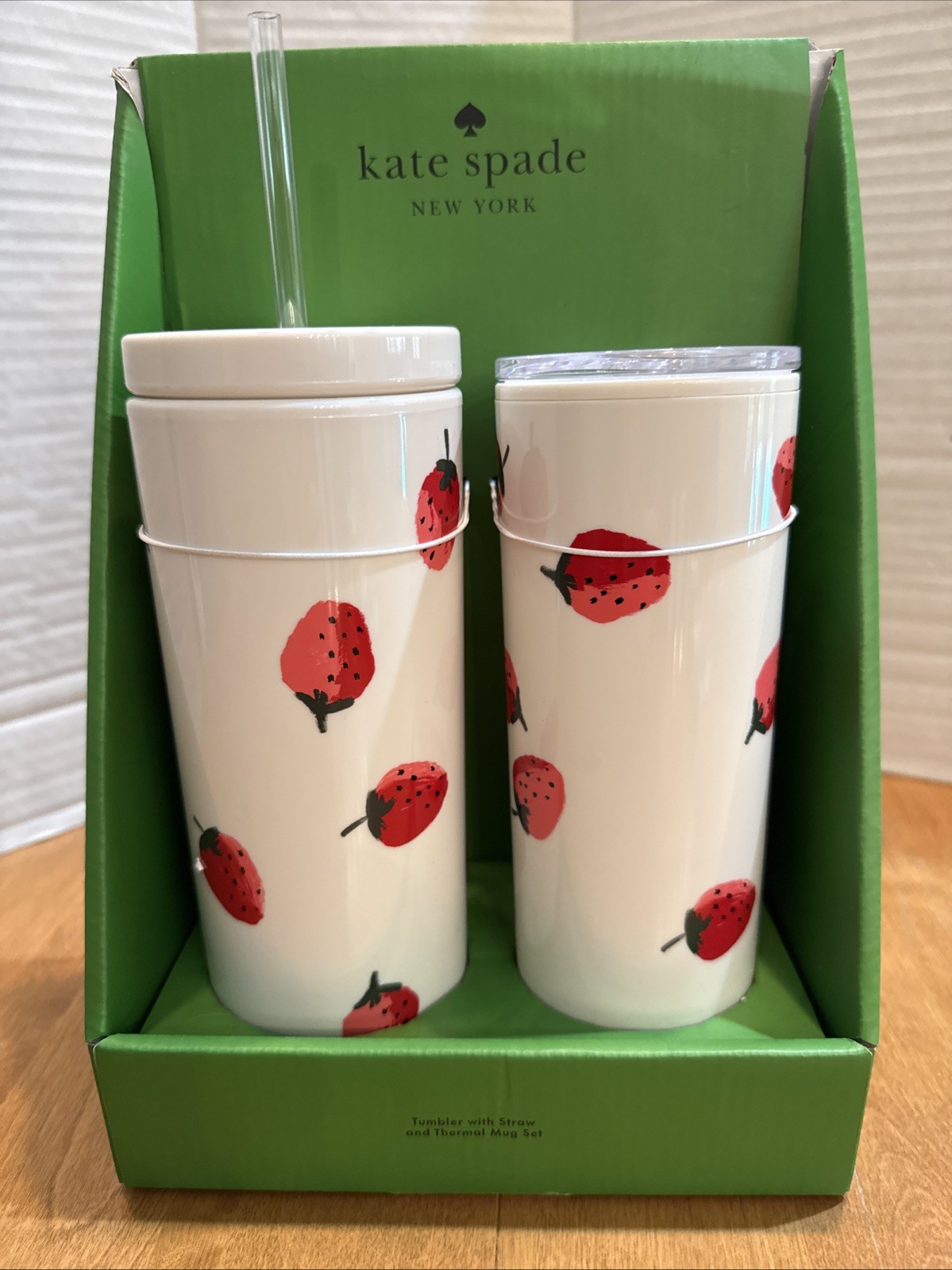KATE SPADE SET 20oz Tumbler w/ Straw & 16 oz Thermal Mug Strawberries NEW in Box