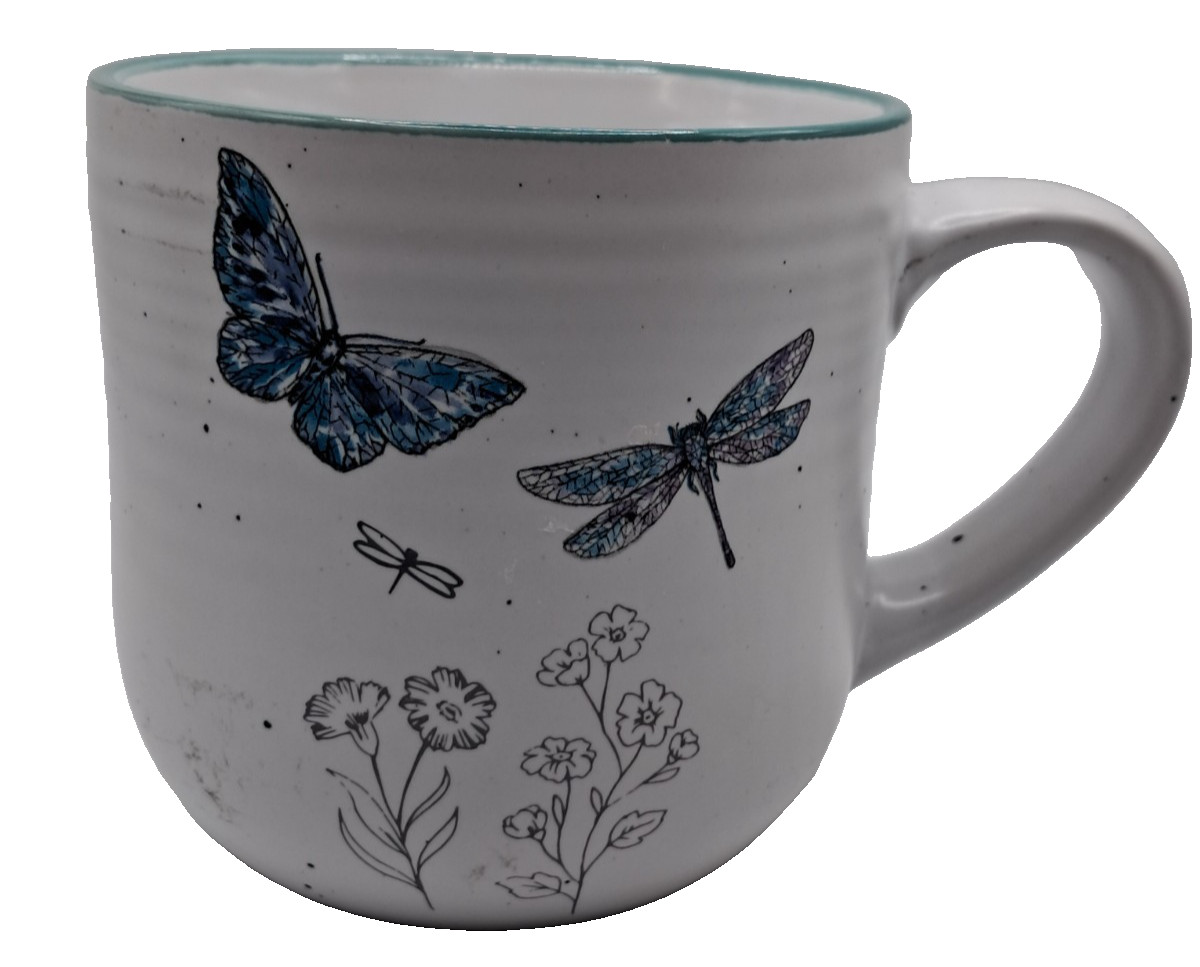 Seeds & Sunshine Butterfly Dragonfly Flowers Teal Rim Coffee Mug Tea Cup 4″
