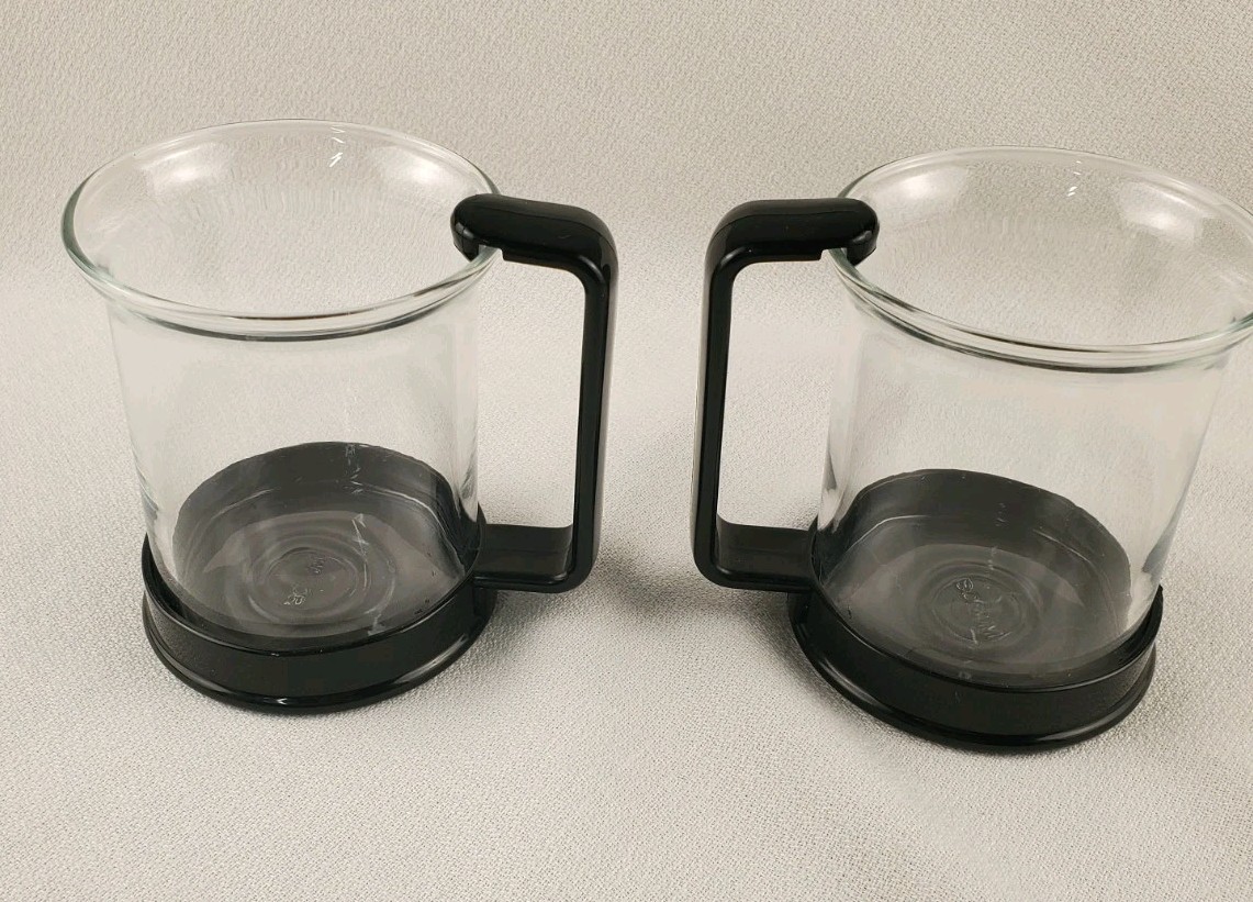Bodum Clear Glass Coffee Mugs Set of 2 Black Handle Base Made in Switzerland