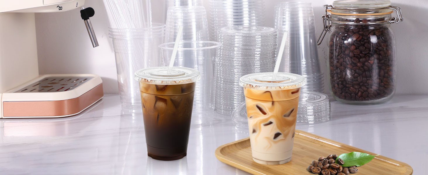 Clear Plastic Cups with Lids and Straws, Disposable Plastic Coffee Cups with