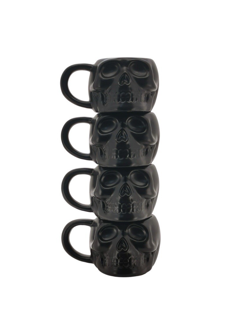 Set of 4 Black Skull Stoneware Stackable Coffee/tea Set with Iron Rack
