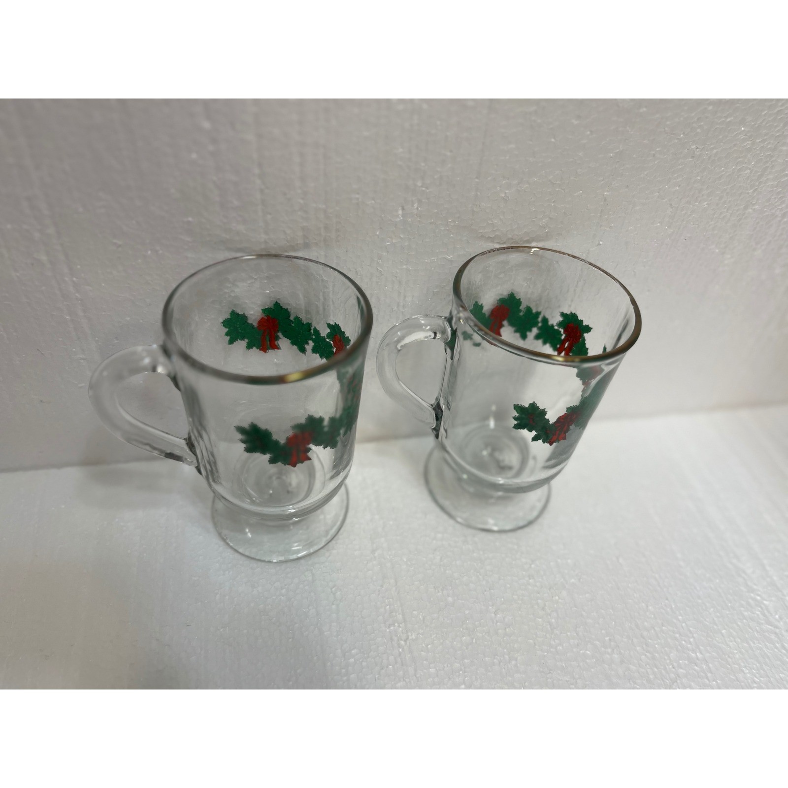 Set of 2 Clear Glass Footed Mugs Holly Berry Christmas Holiday Drinkware
