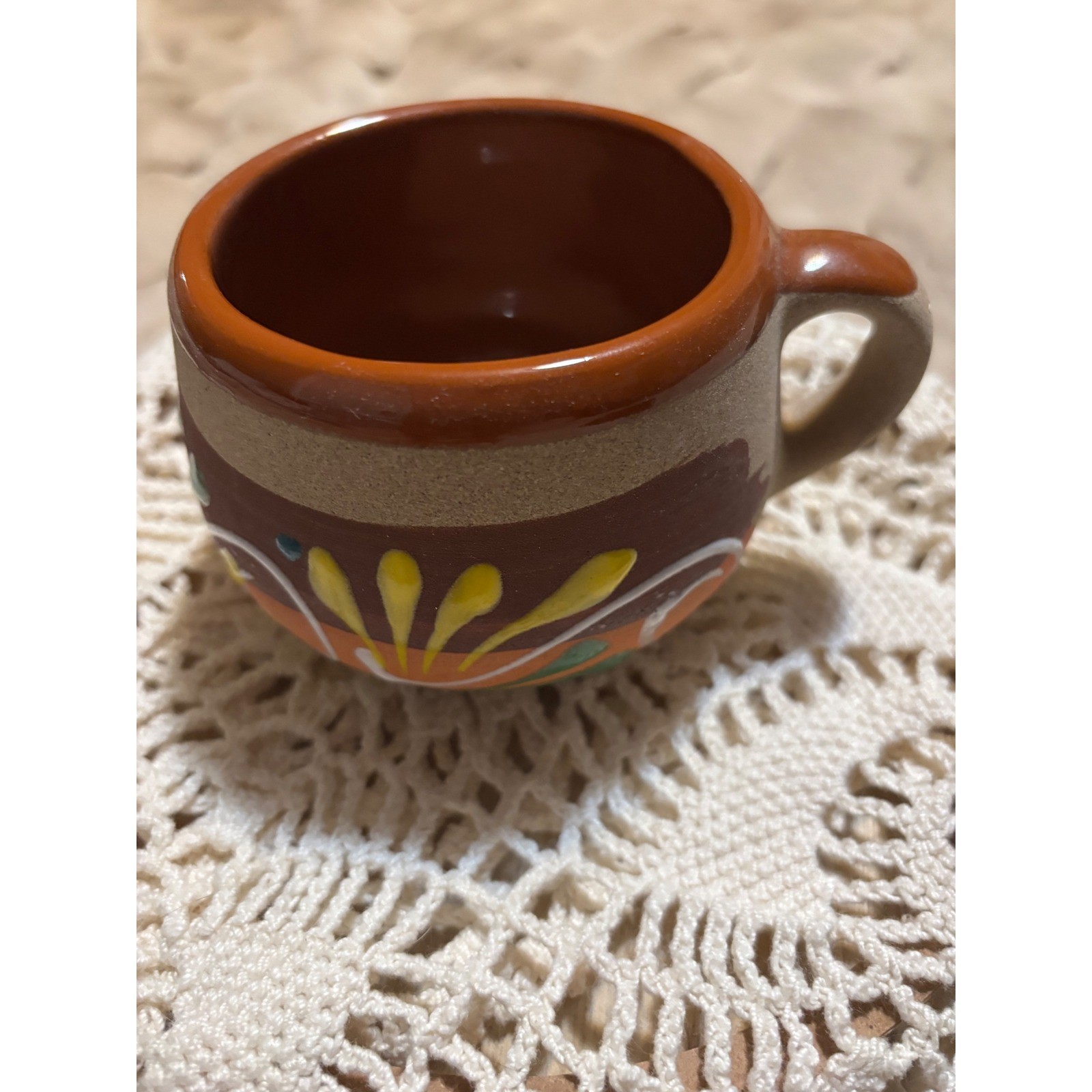 Mexican Folk Art Pottery Mug Tonalá Style Terracotta Floral Espresso Cup Brown