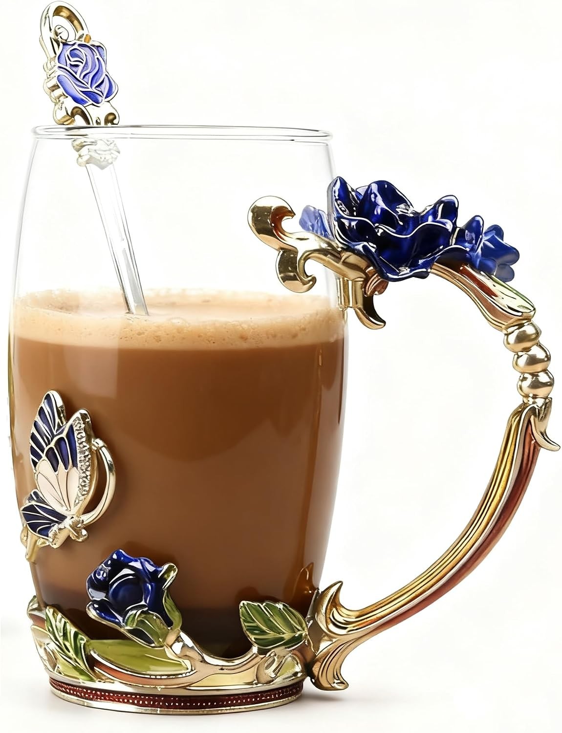 Gifts for Mom Women Unique Blue Tea Mug With Spoon Set & Flower Decoration –