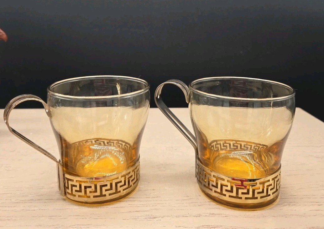 Mugs Set 2 Libbey Greek Key Amber Glass Gold Coffee Tea VTG