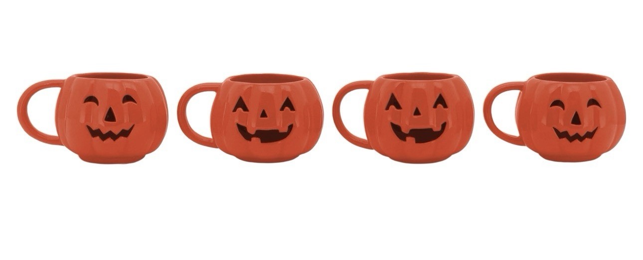 Pumpkin Stoneware Stackable 4 Mug Set 14 Oz Iron Storage Rack Halloween Spooky