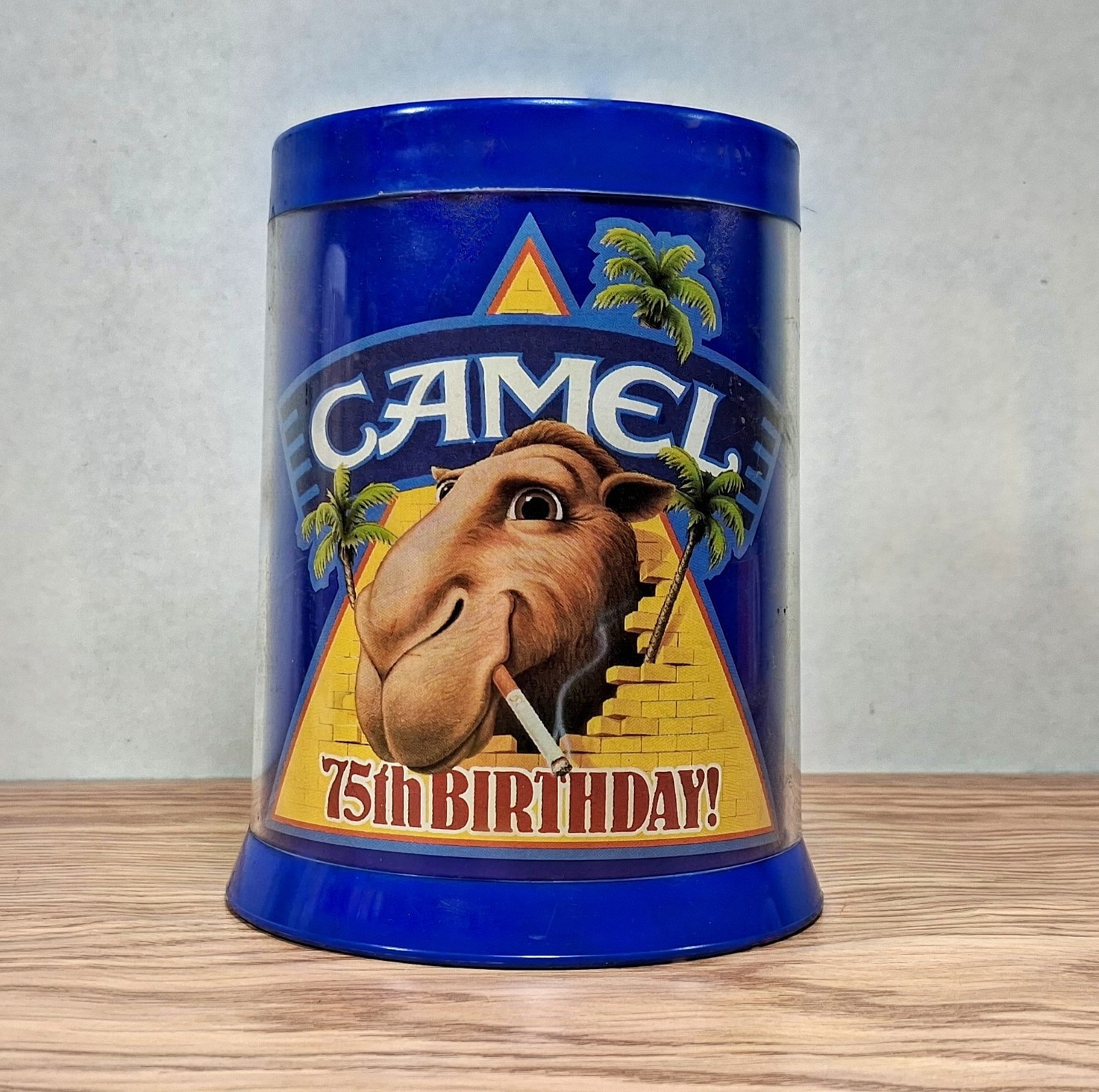 Vintage 1988 Joe Camel Tobaccianna Mug. 75th Birthday Plastic Stein Mug Blue