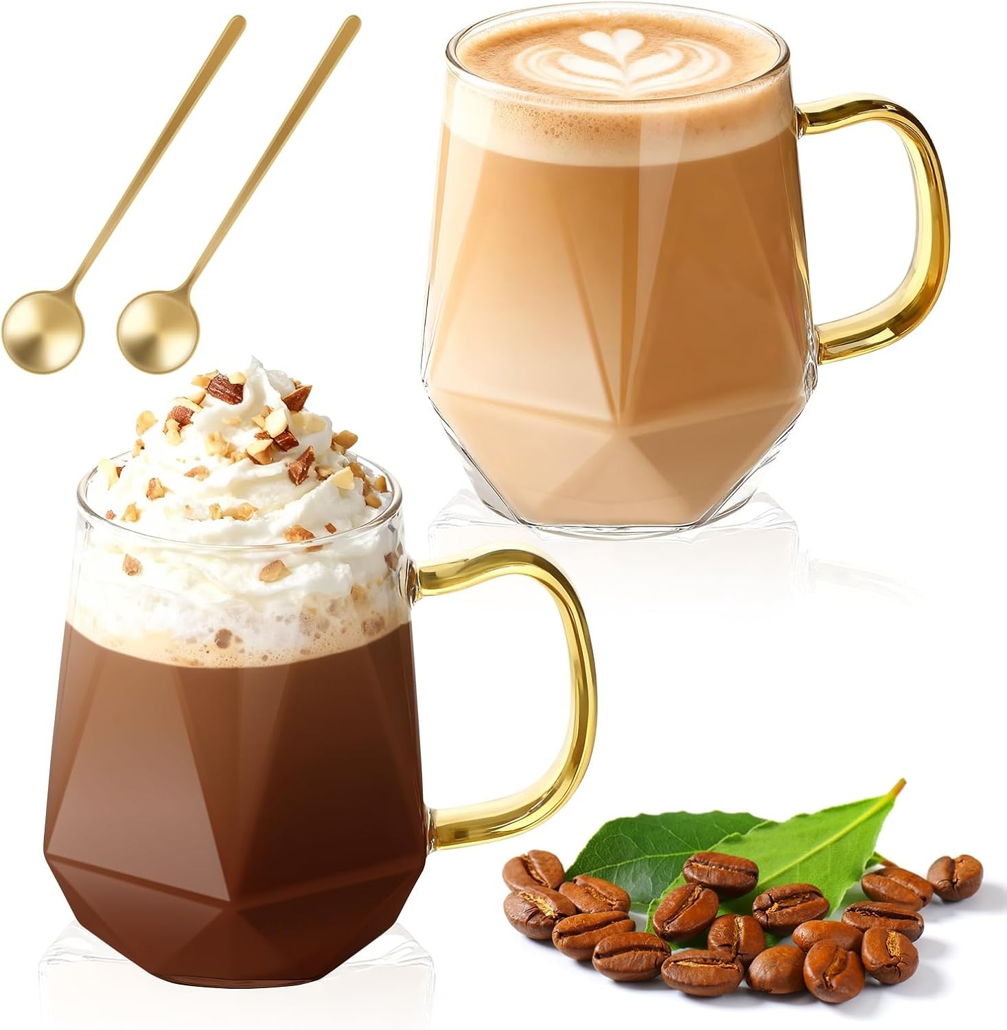 Glass Coffee Mugs 12oz with Handle and Spoon, Set of 2 | 350ml Glass Coffee Cups