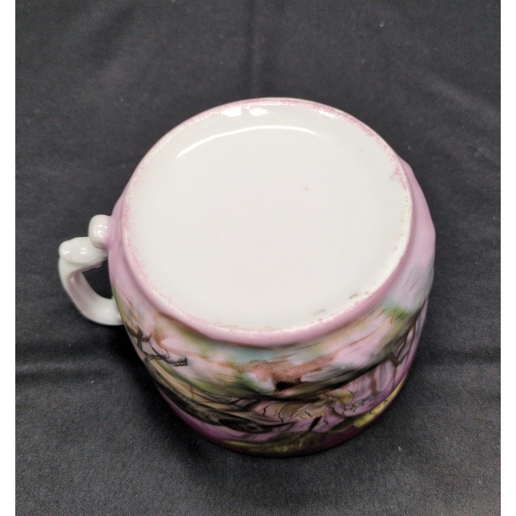 Antique Silesia Bavaria Tea Cup Saucer Bird Motif Pink Gold Trim Porcelain