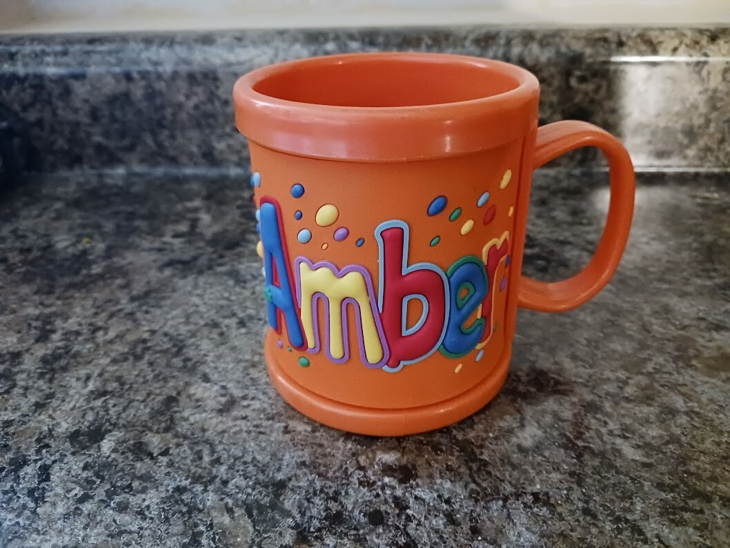 Name: AMBER – NEW Personalized Childs Kids Mug Cup Plastic 10oz. 3D John Hinde