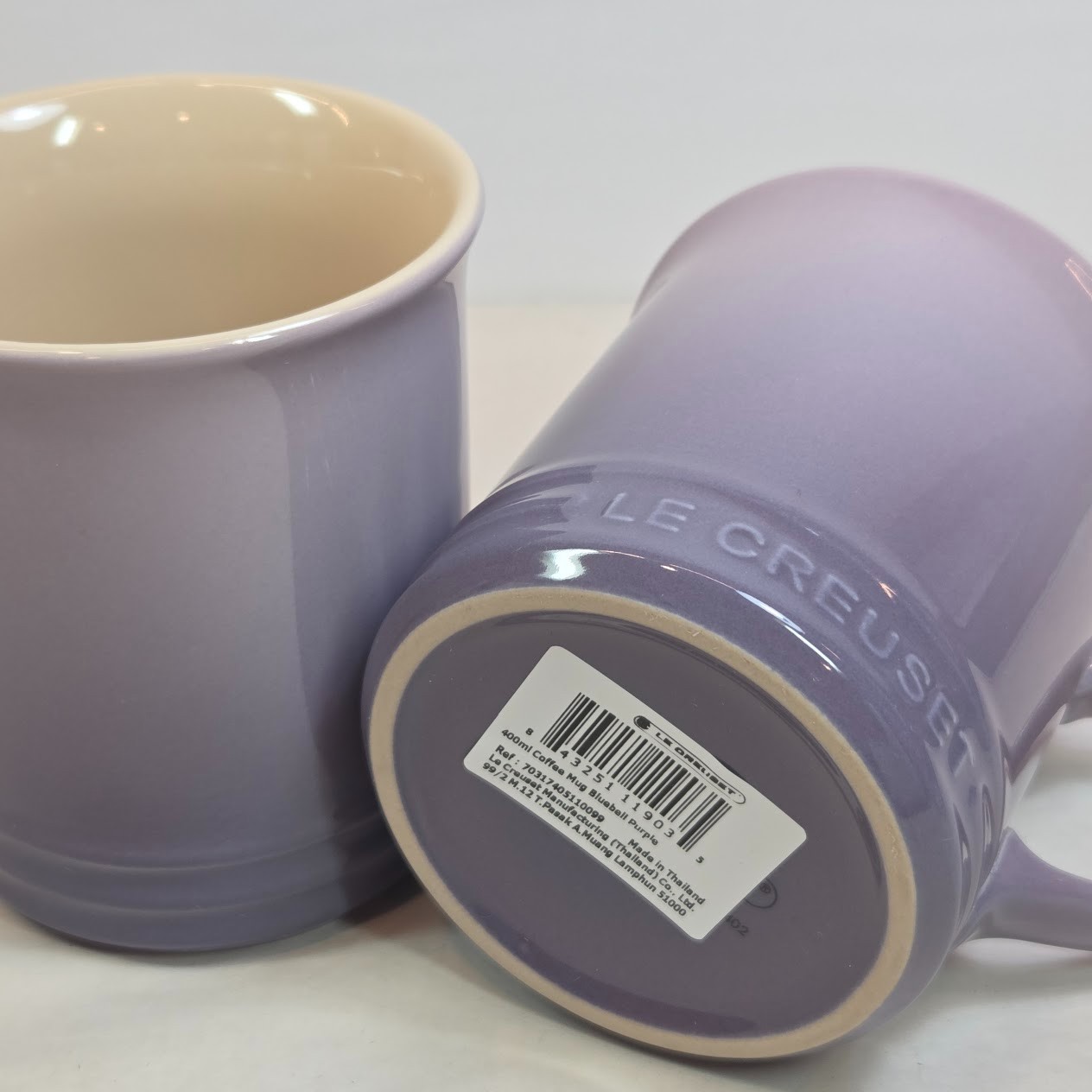 Le Creuset Vancouver Mug Set of 2 Bluebell Purple 14 oz Provence Cream Inner NWT