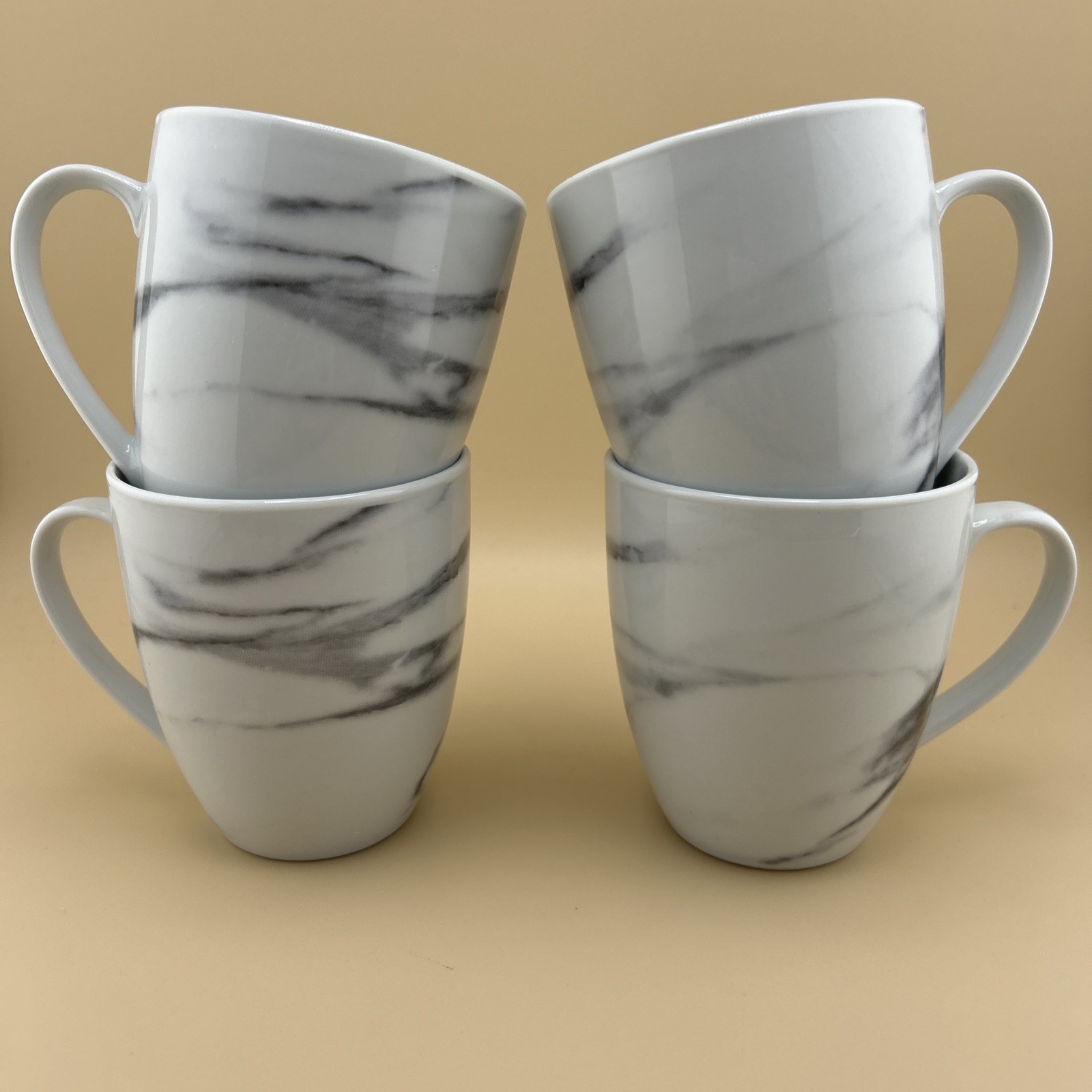 (4) H2K Home To Kitchen Porcelain Coffee Mugs Marble Look Grey and White