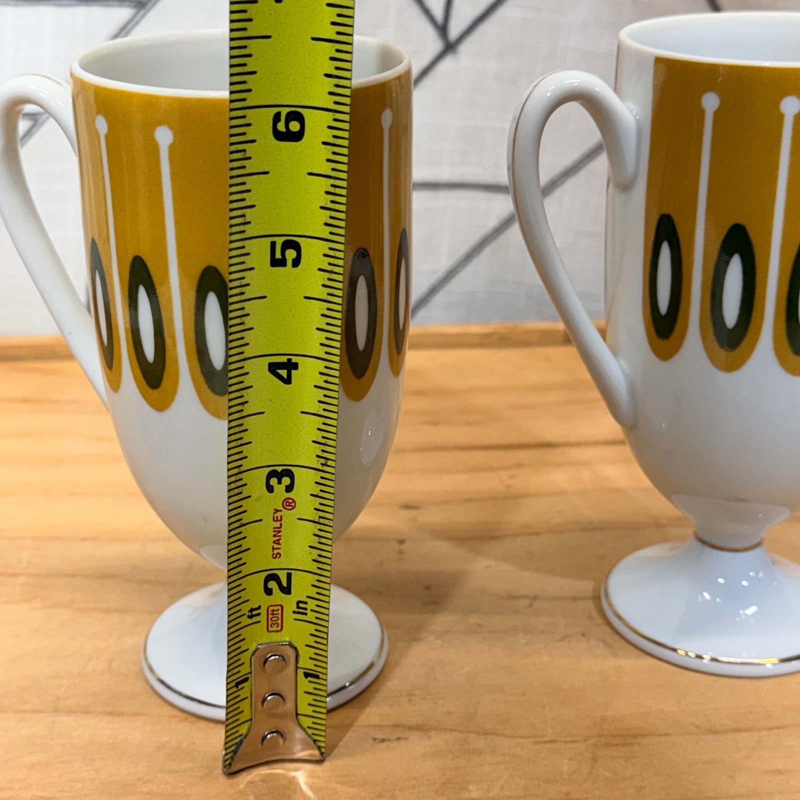 Vintage Footed Mugs Set of 2 Yellow Green Mid Century Modern Gold Trim Pedestal