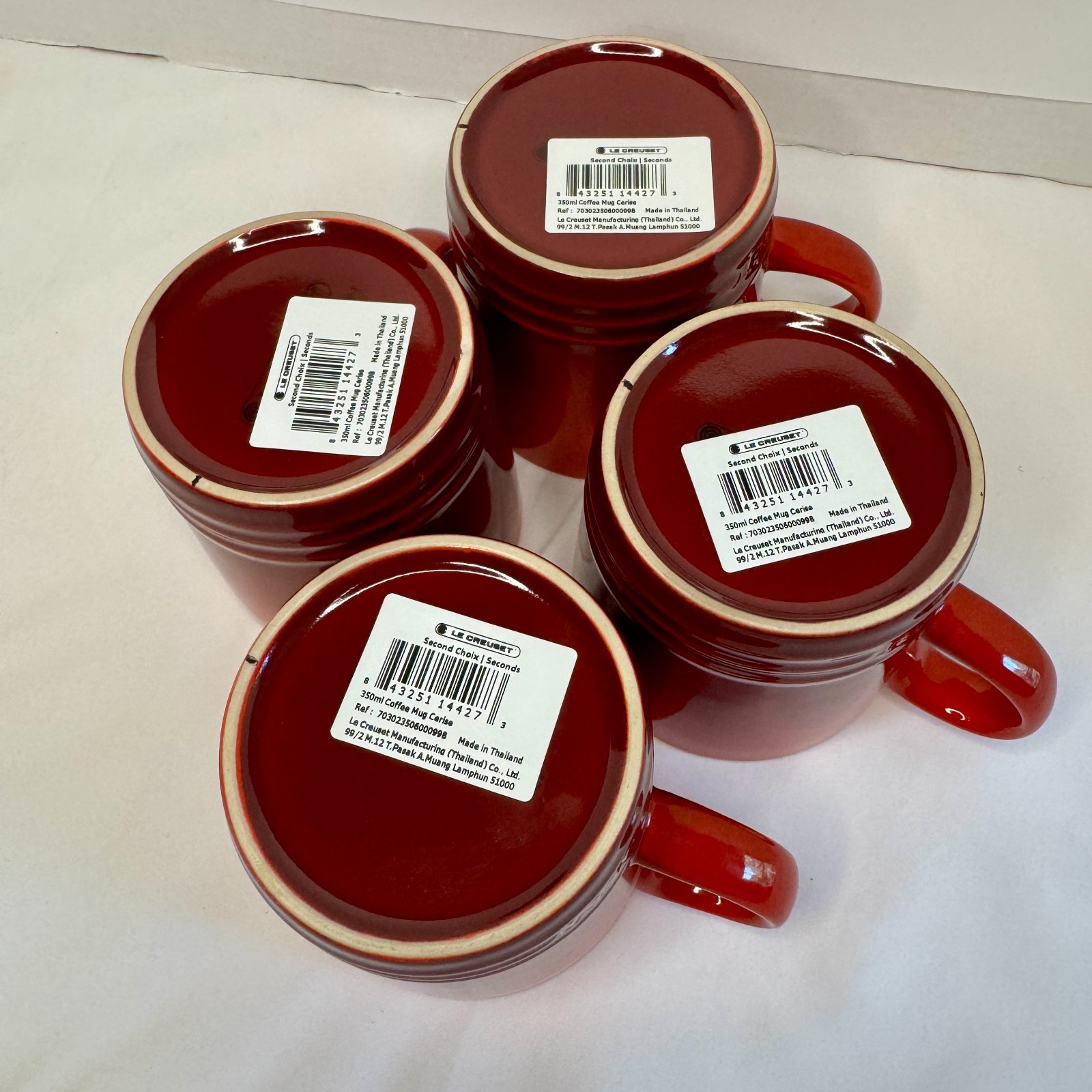 4 Le Creuset Mugs Cerise 12 oz 350ml Stoneware Coffee Red Ombre Seconds NEW Set