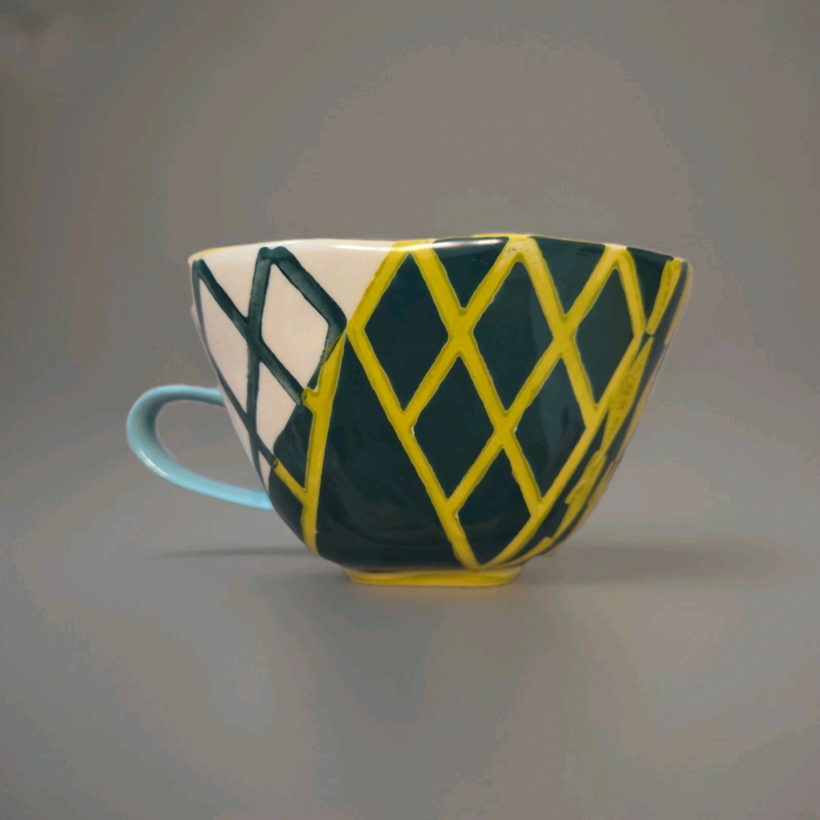 Anthropologie Yellow Green Blue White Graphic Art Deco Cup Mug Coffee