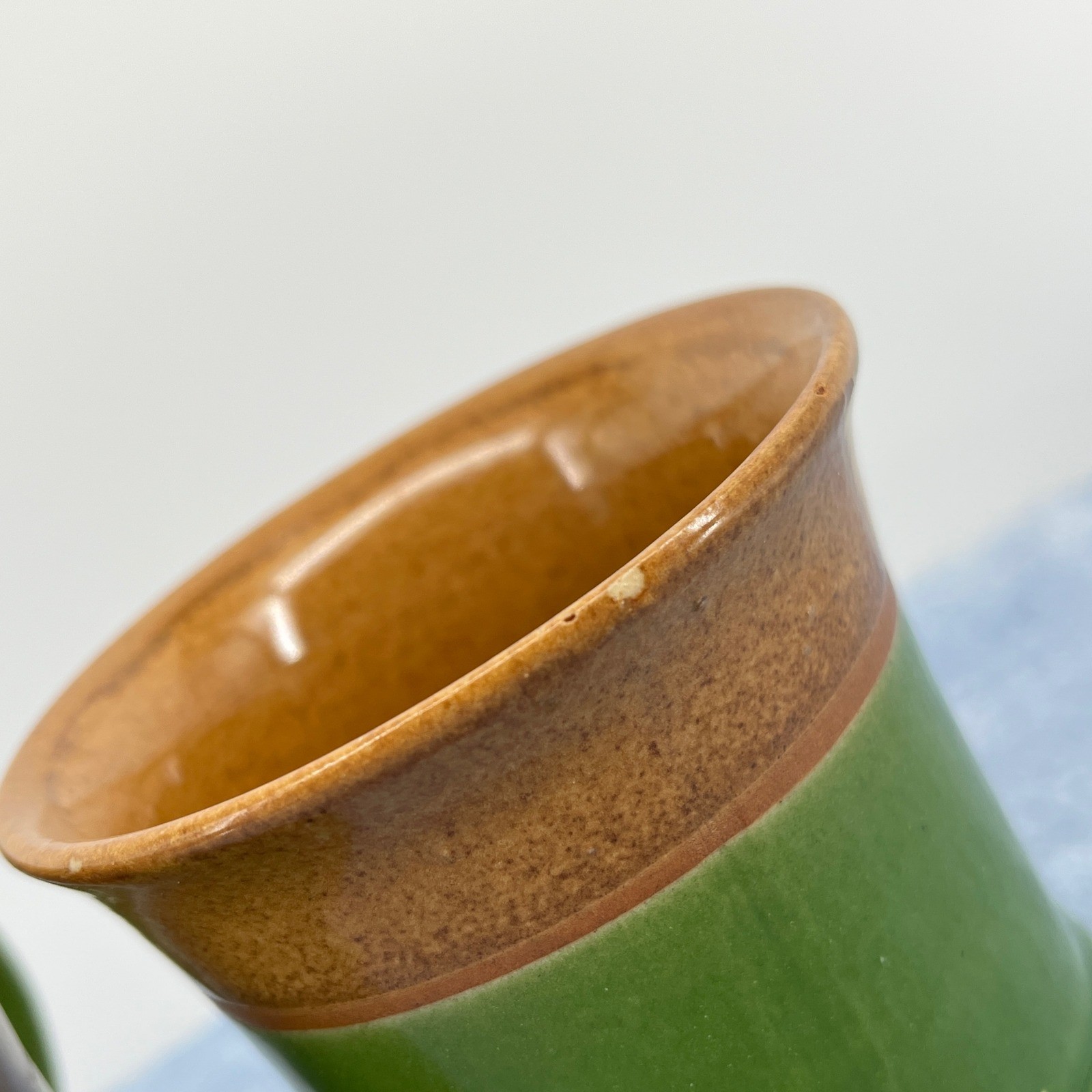 Mid Century Modern Japanese Green & Brown Stoneware Mugs – Set of 2