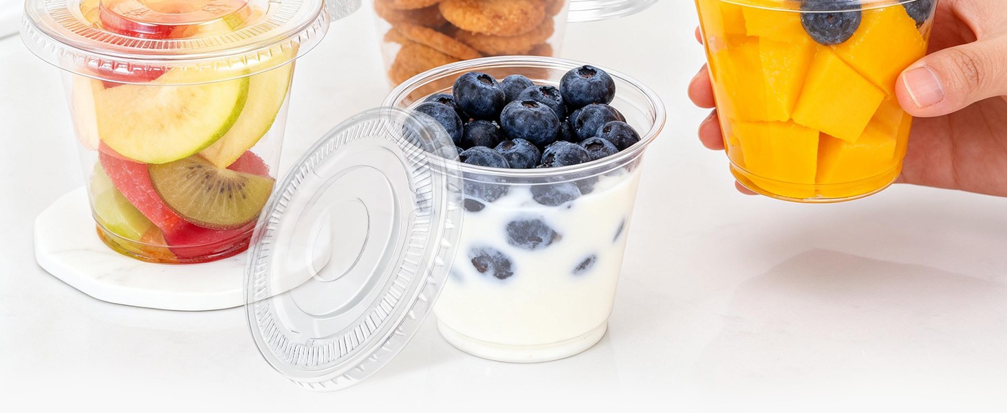 Clear Plastic Cups with Lids, Clear Disposable Cups with Flat Lids No Hole for