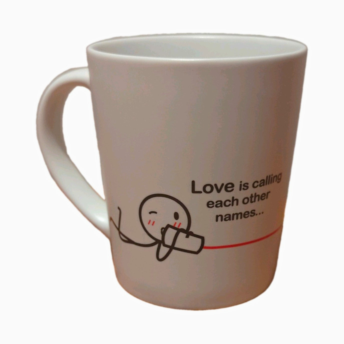 11oz White Ceramic Coffee Mug “Love is calling each other names” Hearts