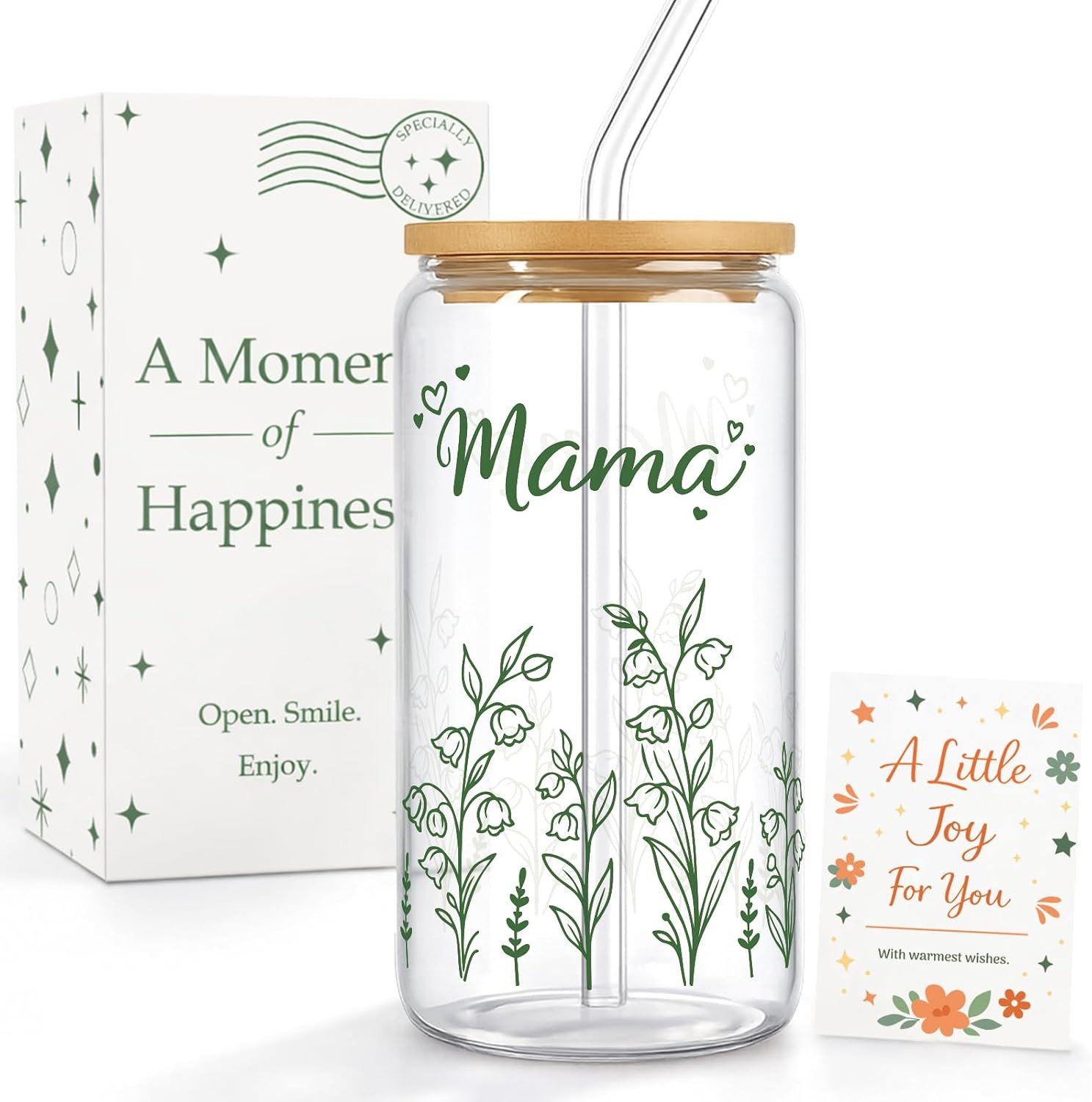 Mama for Mom – 16oz Floral Iced Coffee Cup with Lid and Straw – Cute Birthday