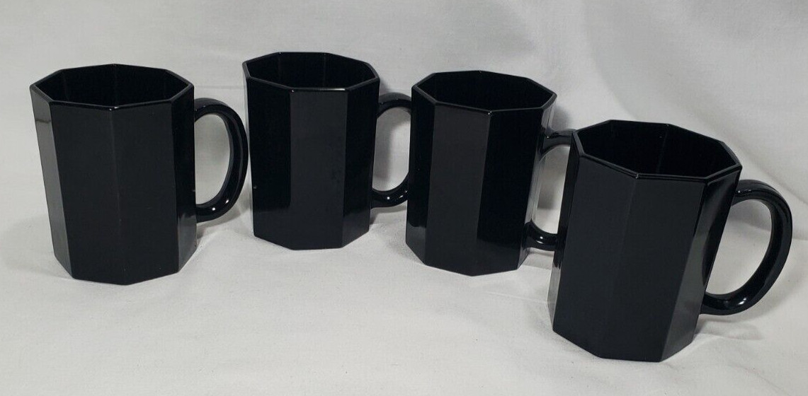 Arcoroc Octime Vintage Black Glass Mug Set, Octagon Paneled Sides, France Four