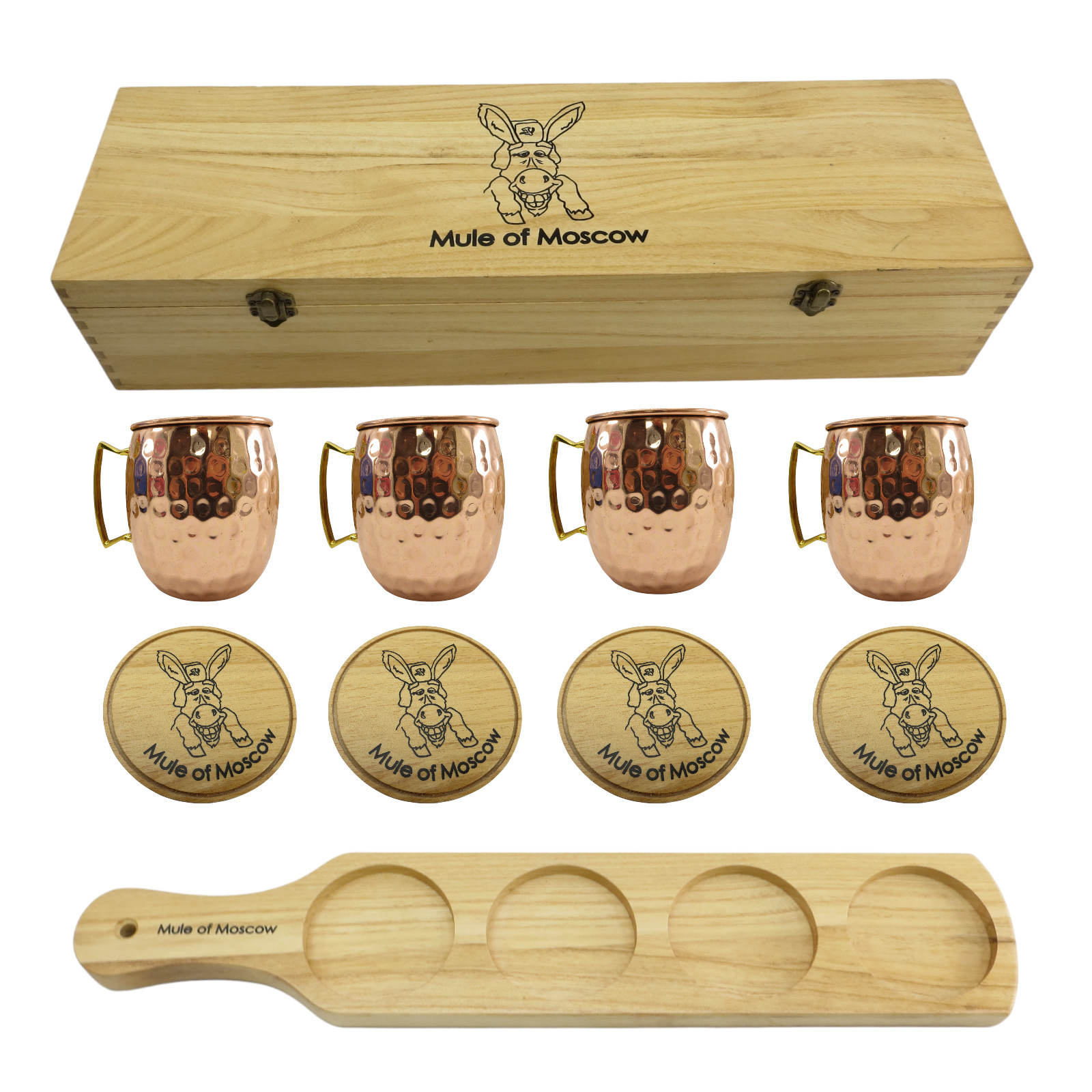 Moscow Mule Mugs Brass Handled Copper Cup Set with Coasters, Server, Case