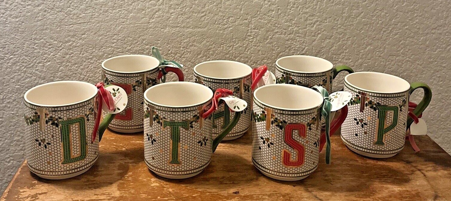 Anthropologie Festive Bistro Tile Mug Monogram Letter D, E, H, L, P, S , or T