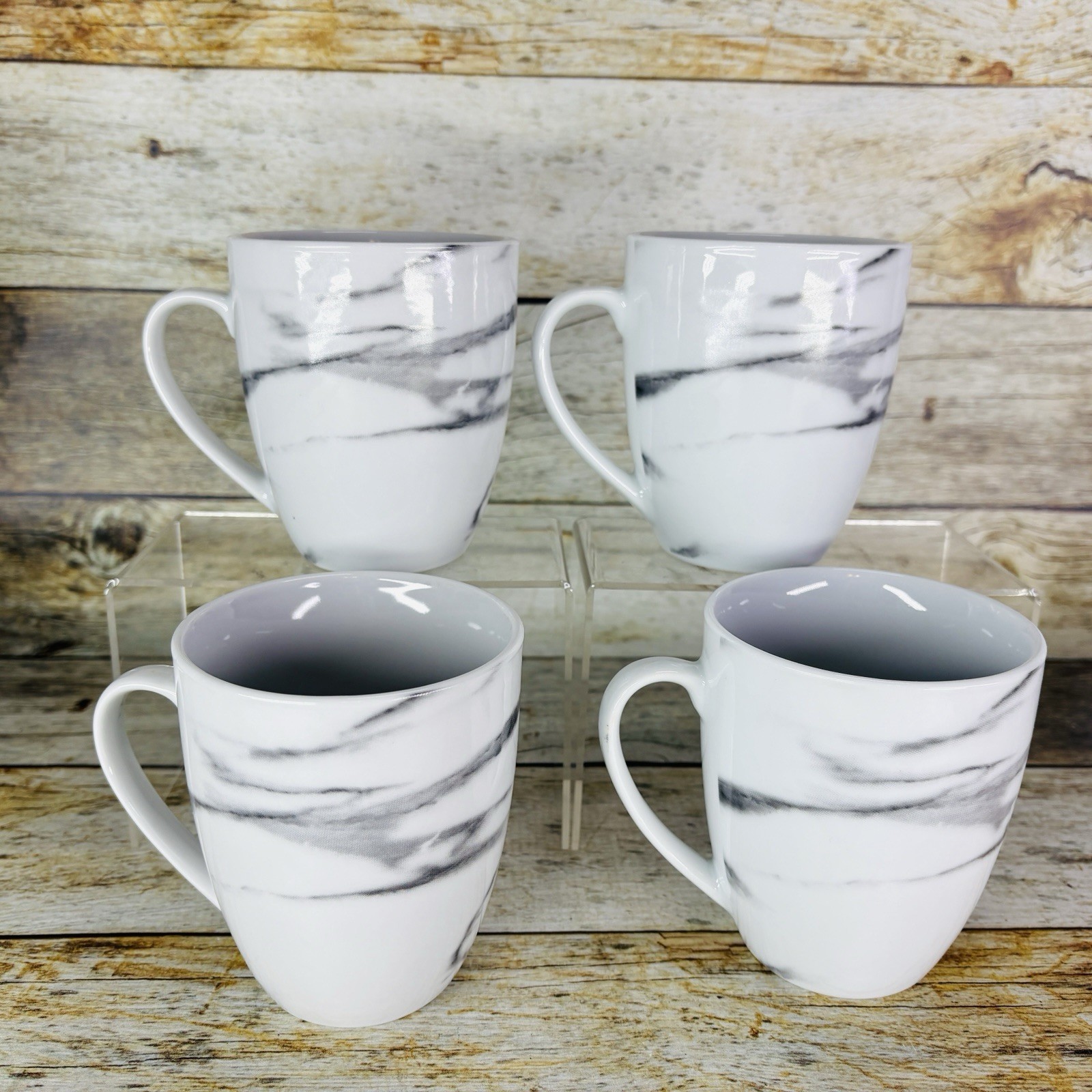 H2K Home To Kitchen MARBLE Design White Gray 14oz Porcelain Cup Mugs Set of 4