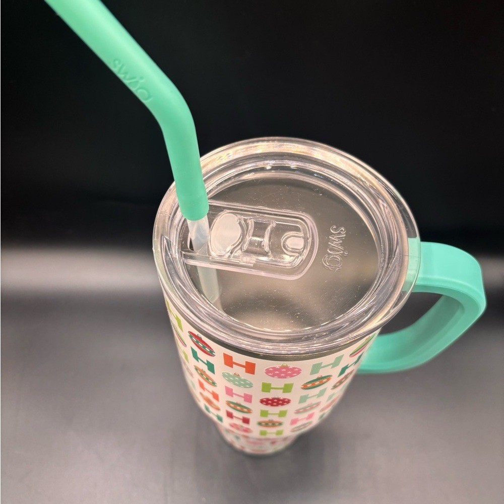 Swig Life HoHoHo Travel Mug with Straw Handle Ornaments Teal White Pink 32 oz