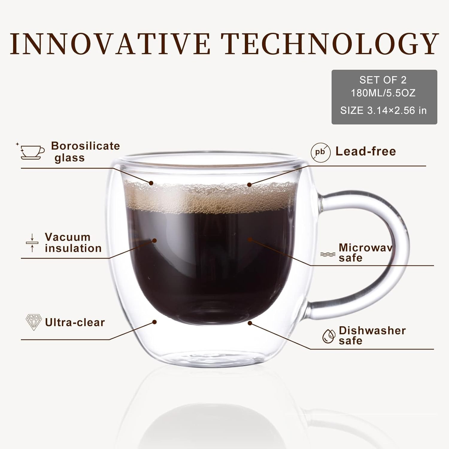 PARACITY Espresso Cups Set Of 2, Double Wall Insulated Glass Coffee Mugs 5.5 …