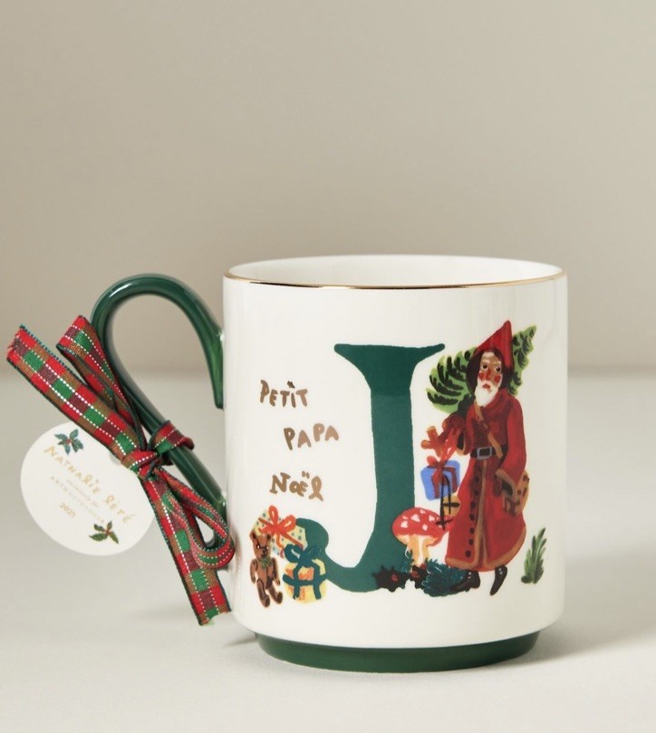 Anthropologie Nathalie Lete Stoneware Holiday Monogram Mug J NEW Christmas Gift